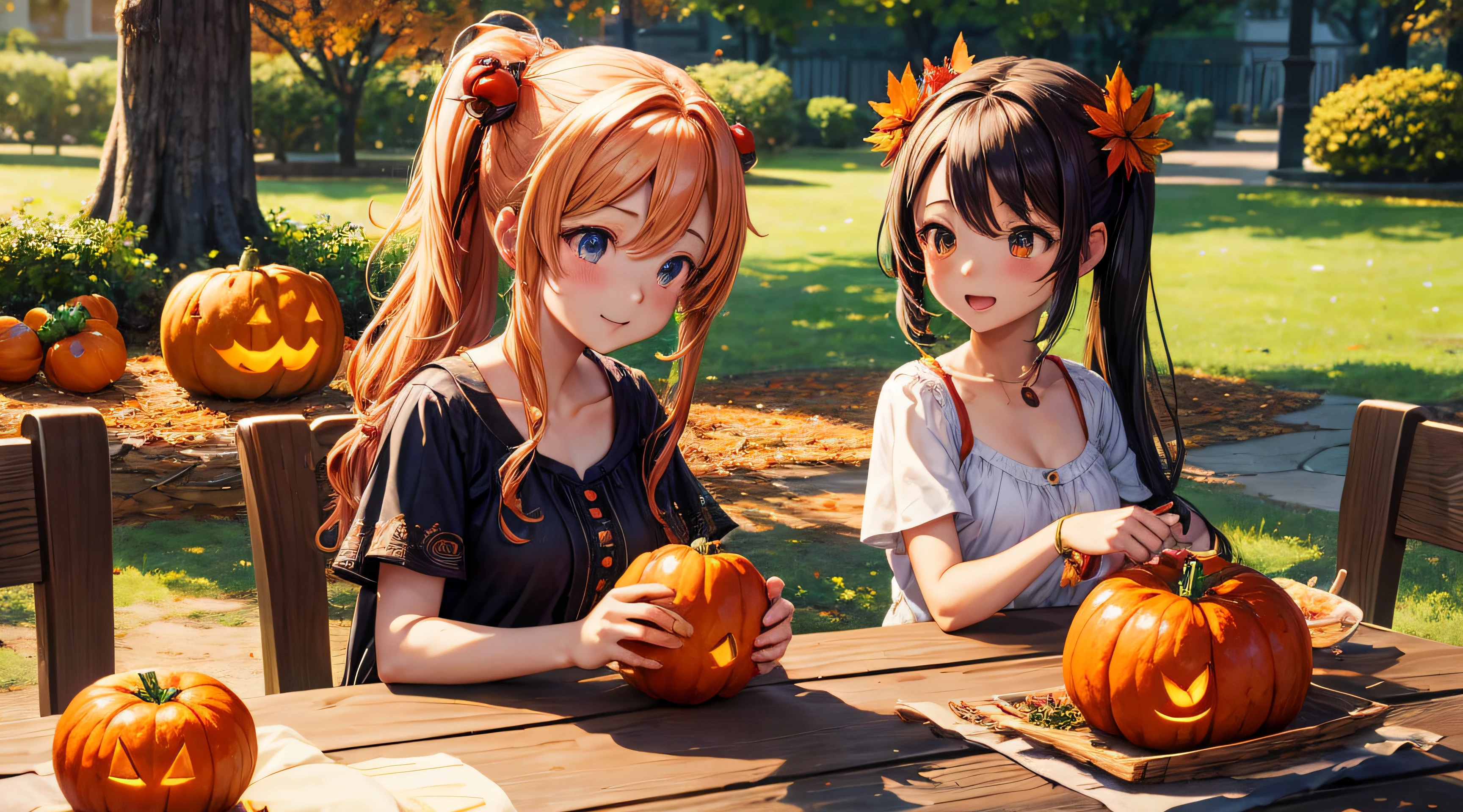 anime girl with pumpkins and tomatoes on a table in the park, the goddess of the autumn harvest, 🍁 cute, ❤🔥🍄🌪, , 🍂 cute, goddess of autumn, anime food, kawai, official art, seasons!! : 🌸 ☀ 🍂 ❄, high-quality anime art style, sakimichan, realistic anime 3 d style, official artwork