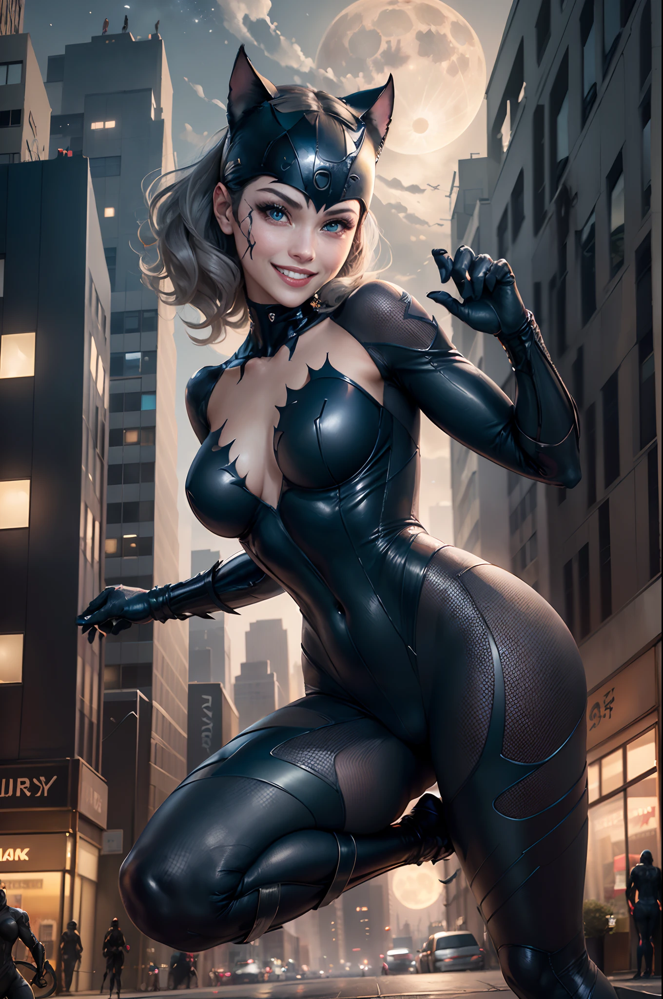 (​masterpiece、4K resolution、A hyper-realistic、ighly detailed)、(Black Superheroes theme、Charisma、There is a girl in a Catwoman costume above the town、She's a superhero)、 [((25-years old)、(Long grey hair:1.2)、full body Esbian、(blue eyess:1.2)、((Catwoman Pose)、show of strength、Jump from one building to another)、((Sandy urban environment):0.8)|(A city scape、natta、Dinamic Light)、(fullmoon)]#illustrate:Prompts are mainly ultra high definition、very real、Describes highly detailed 4K paintings。A superheroine in a Catwoman costume is depicted at the top of the city。The photo theme is a black superhero theme。(((A smile)))