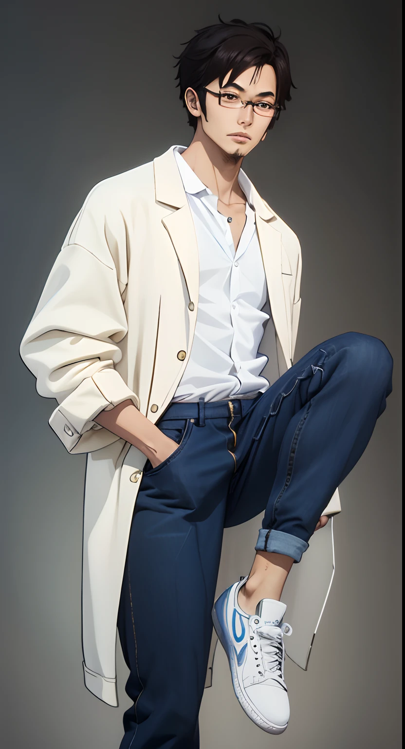 年轻、Promising male scientist、clever、tact、vibrancy、Tall and tall、Healthy complexion、Short brown hair、eyes with brightness、Clear facial features、Detailed eyebrows、Tall nose、Strong lips、Simple and stylish clothing、White lab coat、Watch with black strap、Glasses with metal edges、Full body photo、In a Japanese anime style、2D、denim pant、athletic sneakers、standing on your feet、