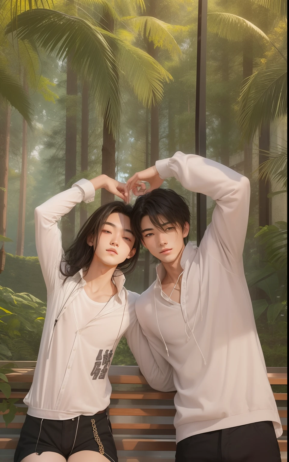 Draw a scene of two beautiful young men cuddling。The first was about 25 years old.、He has a tall, toned and muscular body.、Her blue eyes and jet-black hair are attractive.。He is charismatic」The other one was about 23 years old.、With a slim body for an average height、Blonde hair and green eyes are characteristic.。In college、Passionate and inquisitive in the arts、has a bright positive character。There is a strong trust and deep bond between the two.、Supporting and acknowledging everyone。The scene that is、Draw with a beautiful background。