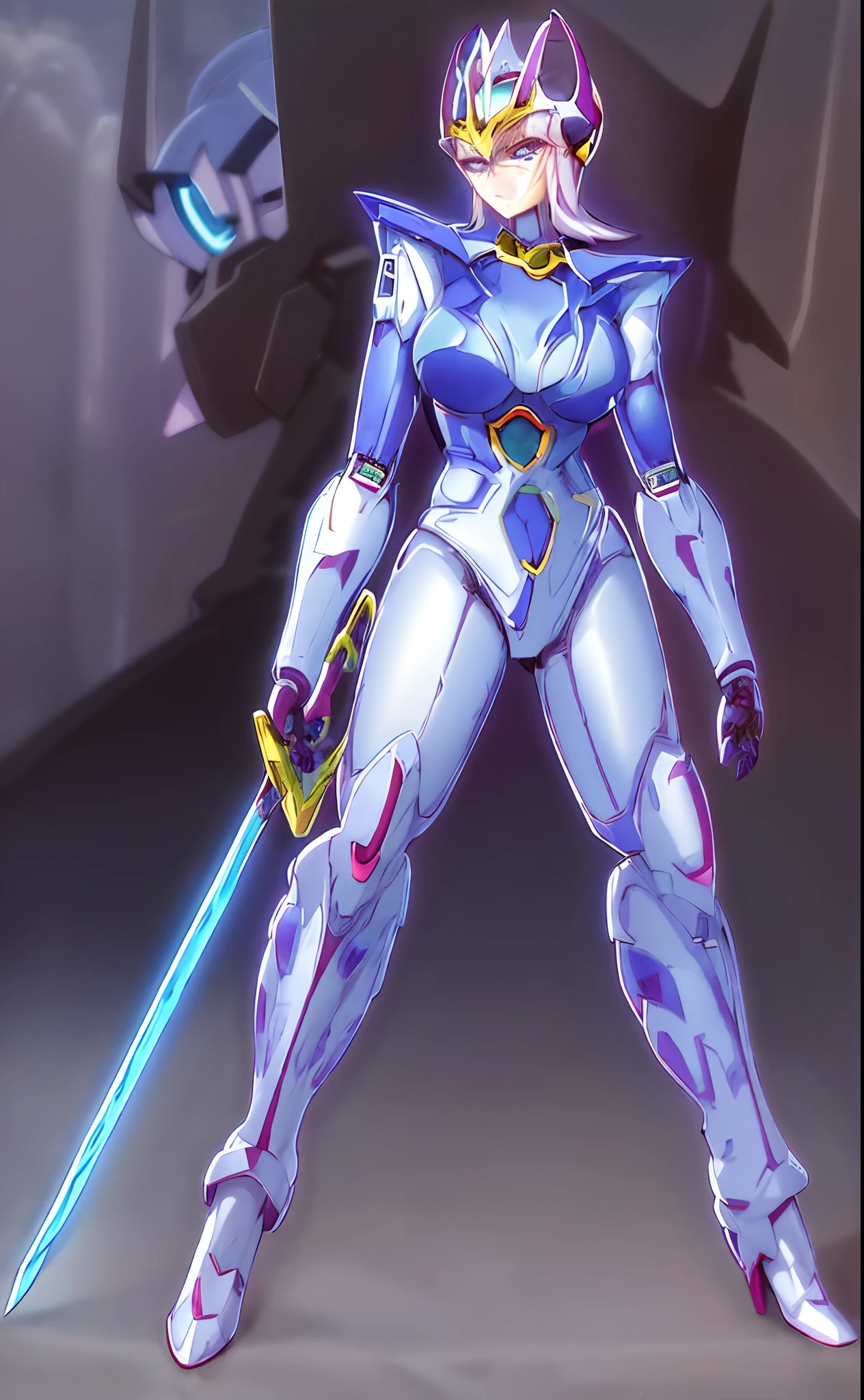 a close up of a cartoon character with a sword in her hand, knights of zodiac girl, ferra white mecha, Gainax anime style, anime robotic mixed with organic, female mech, gainax, in opal armor, Perfect Anime Cyborg Woman, full body mecha suit, Anime Manga Robot!! Anime Girl, cyber japan style armor, Whole body metallic luster