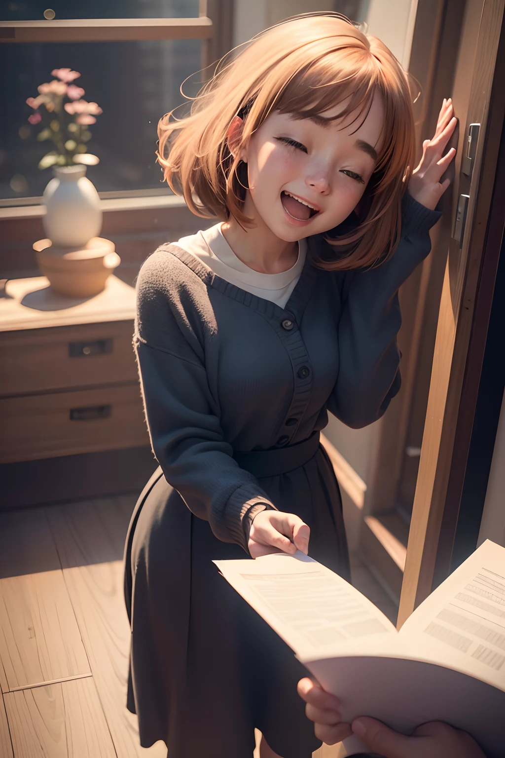Capture the moment when Lily receives the life-changing call, informing her that she has been chosen for the lead role in a highly anticipated movie. Show her overwhelmed with joy and gratitude, full body,8k