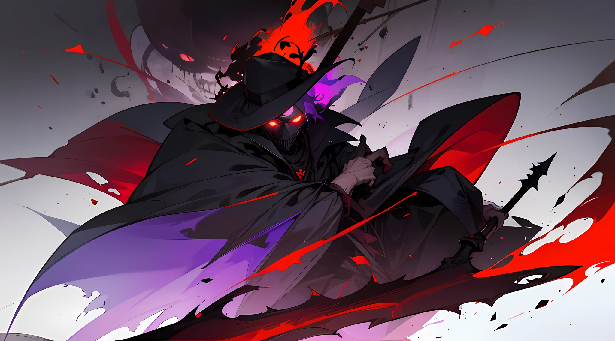 1guy, short black hair , red flower coming out from eye socket , one red eye ,glowing eye , purple theme , wearing gravedigger hat , with a scythe , gravedigger coat , putting on an black skull mask , hell , covered face , high res, ultrasharp, 1080p, masterpiece , desktop background