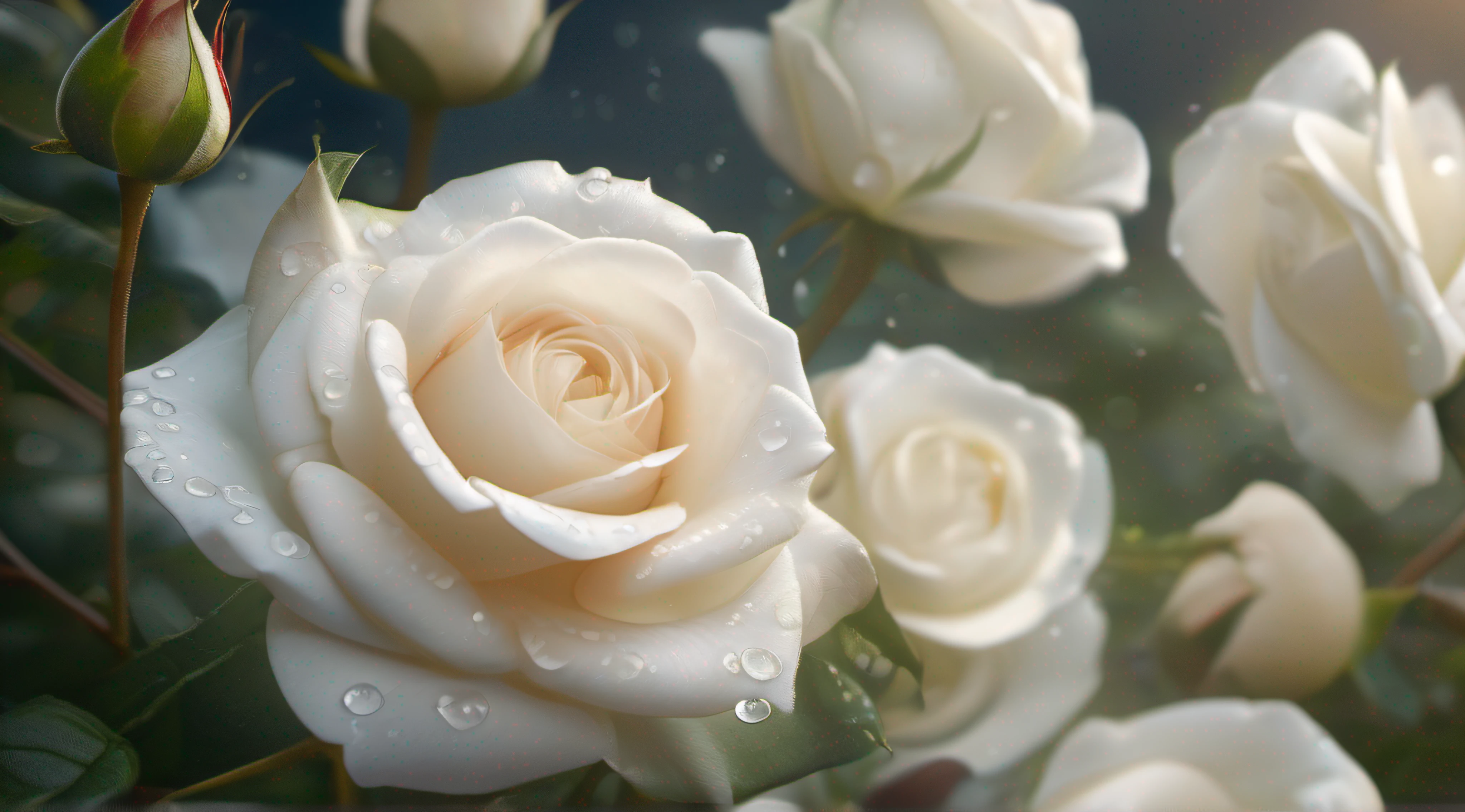 A garden filled with many white rose flowers, illuminated by sunlight with bokeh effect. The flower petals glisten with dew drops, adding a touch of sparkle to the scene. This artwork showcases the utmost attention to detail, demonstrating a masterpiece (masterpiece, ultra quality, high resolution, 8k, intricate: 1.2) captured with precise precision and meticulousness. The image quality is of the highest standard, pushing the boundaries of visual excellence (masterpiece) while maintaining the best quality (best quality:1).