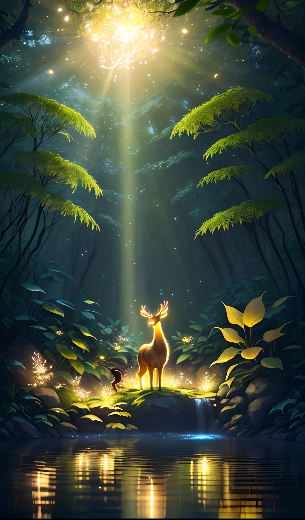 (best quality, 4k, 8k, highres, masterpiece:1.2), ultra-detailed, (CG, computer-generated:1.1) wallpaper, (top quality), (top-notch, exquisite) illustration, (superb, exceptional) shadows, (glowing, radiant) spirit, a glowing deer drinking water in a swimming pool, natural elements in a forest theme. Mystical forest, beautiful forest, nature, surrounded by flowers, delicate leaves and branches illuminated by fireflies (natural elements), (jungle theme), (leaves), (branches), (fireflies), (particle effects), 3D, Octane rendering, ray tracing, ultra-fine, vibrant colors, surrealism, magical, fantasy.