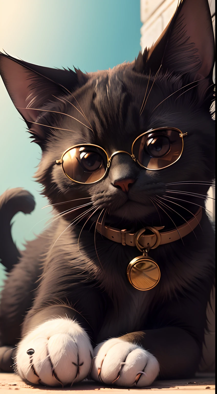 a portrait of a cat with sunglasses, the cat is  looking to the viewer, fantasy, cute, style, stylish,furr, minimalistic, simple, fow paws, animal, no_humans, funny,the cat is black, the cat is sitting, the cat is wearing a hat