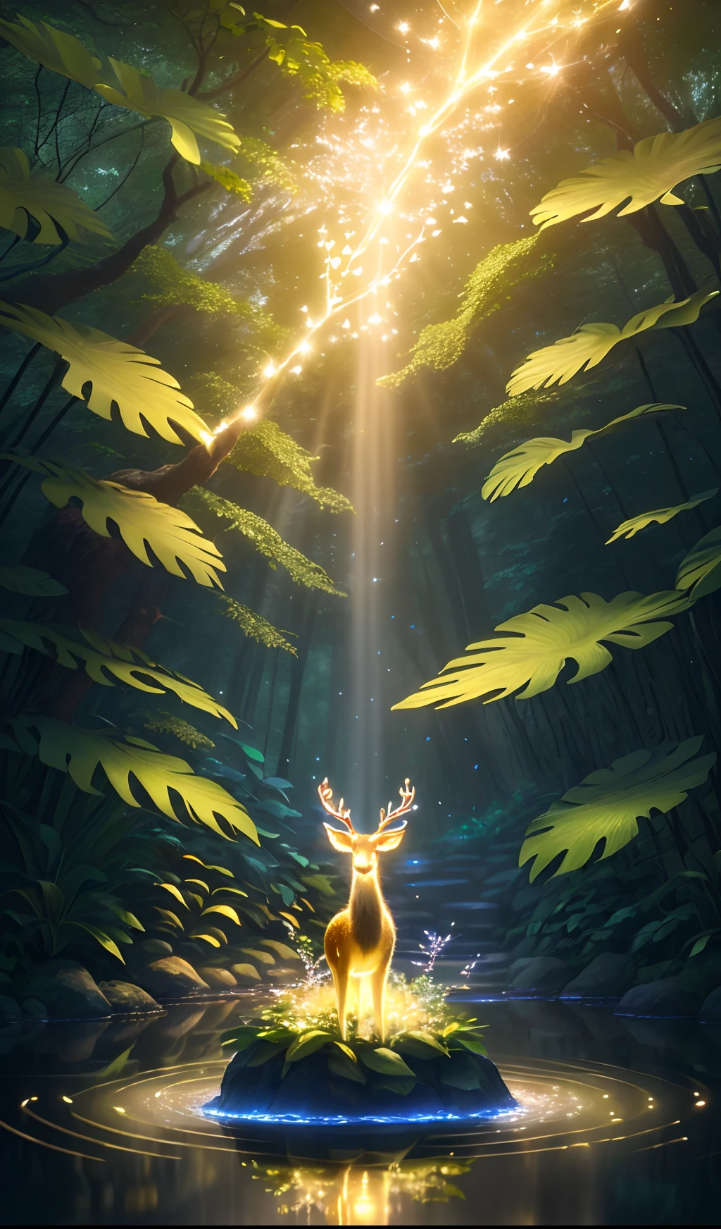 (best quality, 4k, 8k, highres, masterpiece:1.2), ultra-detailed, (CG, computer-generated:1.1) wallpaper, (top quality), (top-notch, exquisite) illustration, (superb, exceptional) shadows, (glowing, radiant) spirit, a glowing deer drinking water in a swimming pool, natural elements in a forest theme. Mystical forest, beautiful forest, nature, surrounded by flowers, delicate leaves and branches illuminated by fireflies (natural elements), (jungle theme), (leaves), (branches), (fireflies), (particle effects), 3D, Octane rendering, ray tracing, ultra-fine, vibrant colors, surrealism, magical, fantasy.