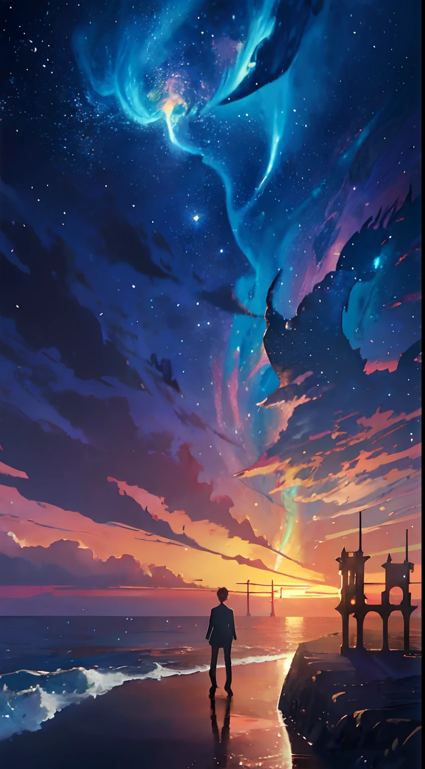 anime - style illustration of a man standing on a beach with a castle in the background, makoto shinkai cyril Rolando, in front of a fantasy city, cosmic skies. by Makoto Shinkai, anime fantasy illustration, a beautiful artwork illustration, tranquility of the endless stars, magical concept art, ross tran. scenic background, inspired by Andreas Rocha