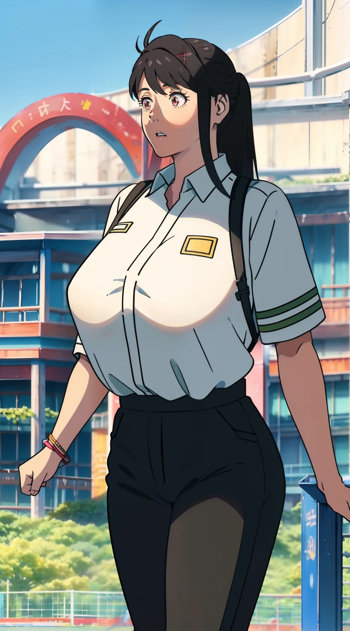 8K分辨率，Adult daughter，Long black hair，huge boobs，White shirt，Yoga pants，high-heels，extreme hight detail，Gorgeous makeup，standing，playground，With a huge coles