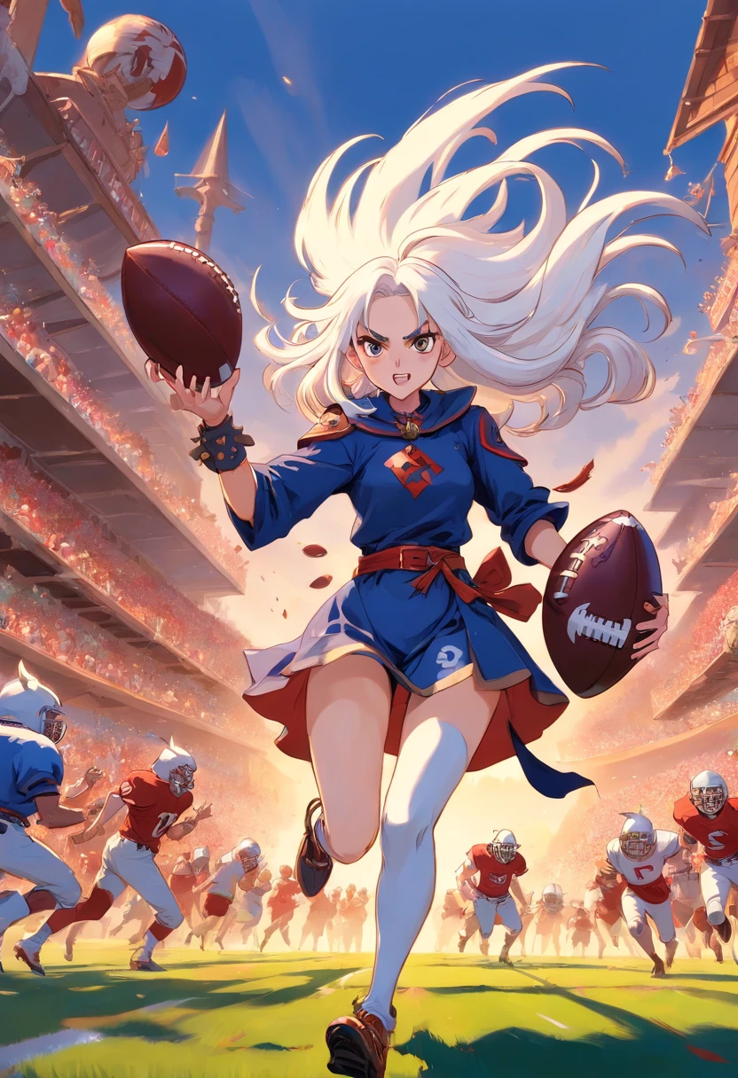 blood bowl witch elf with long white hair and spiked wrist guards, holding american football, running past others.