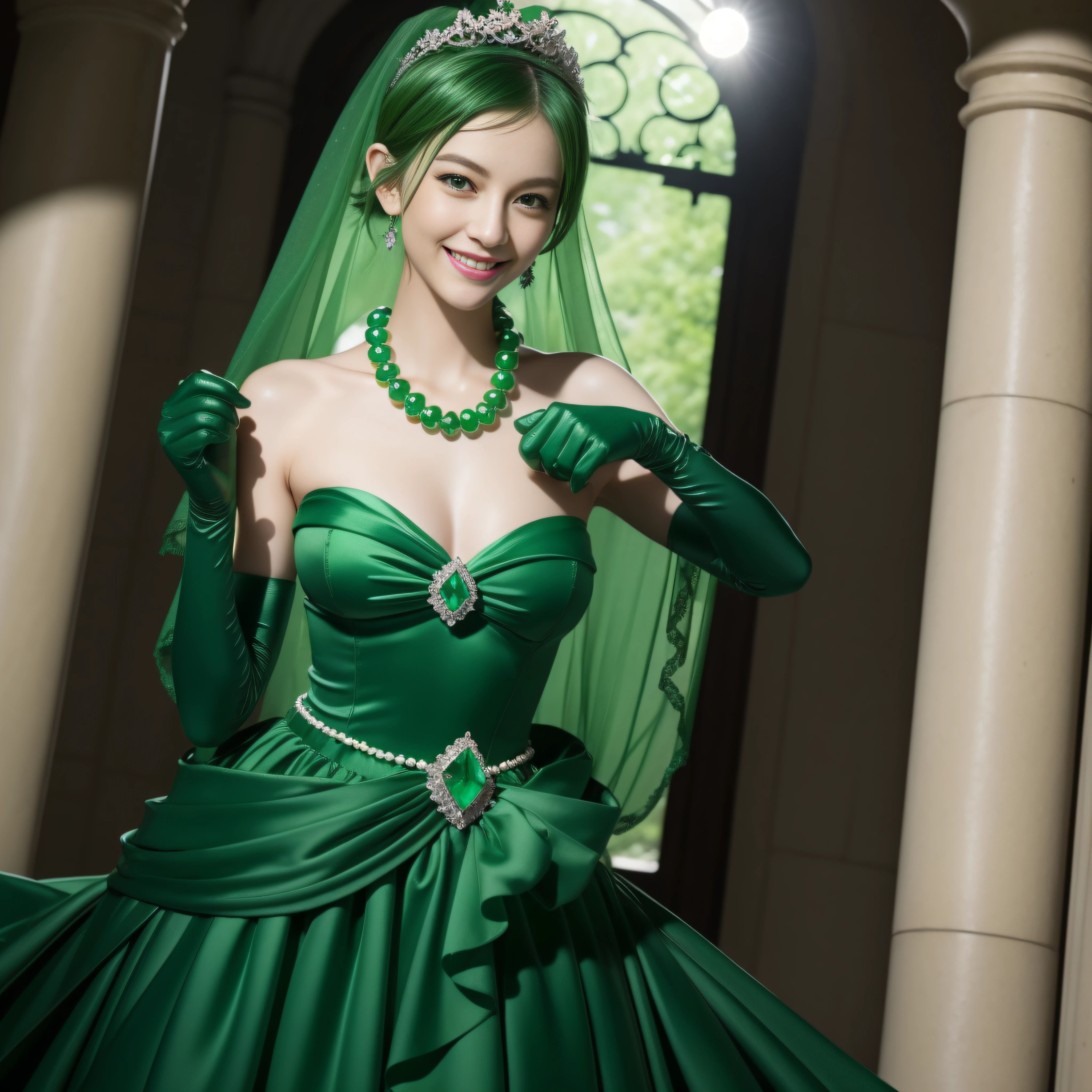 emerald tiara, Green Pearl Necklace, Boyish very short green hair, lipsticks, Japan woman smiling, very short short hair, big breasts beautiful, Green eyes, Long green gloves made of satin material, Green eyes, Emerald Earrings