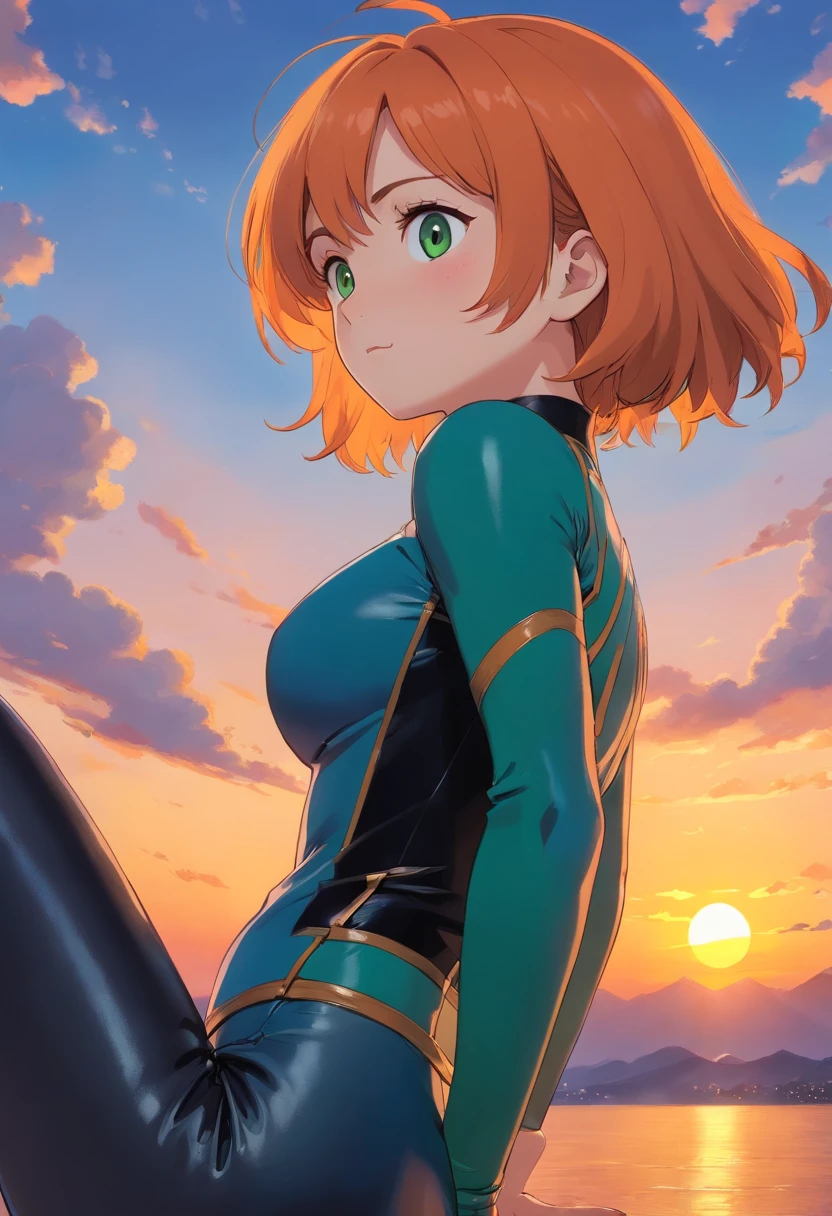1girl, short orange hair, green eyes, freckles, big breasts, wearing blue leotard, black leather pants, sunset, absurdres, high res, ultrasharp, 8K, masterpiece, looking at the sky, side view
