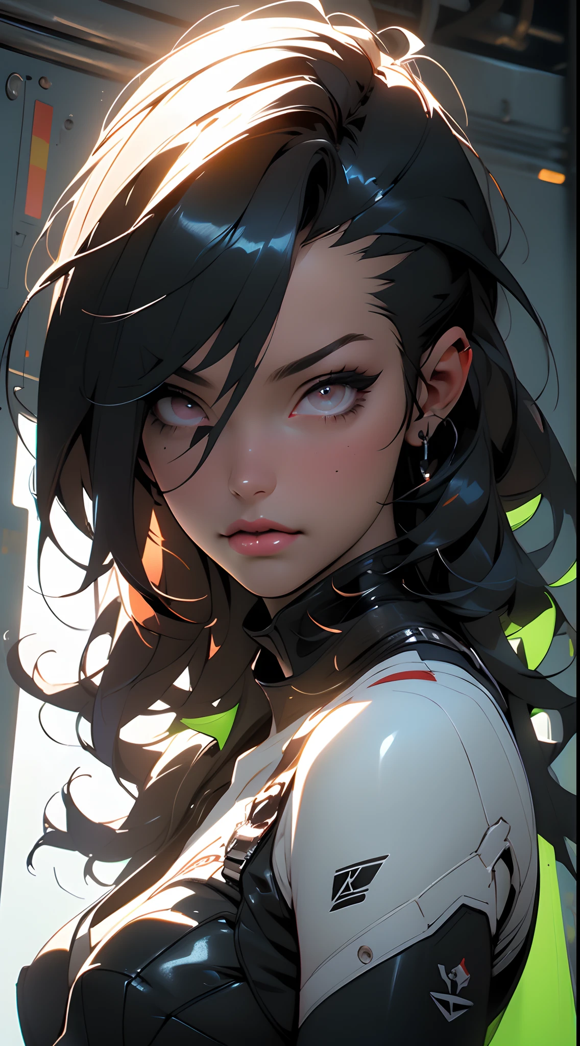(((muscular girl))) huge breasts grey background black hair very long hair yellow eyes pale skin close up