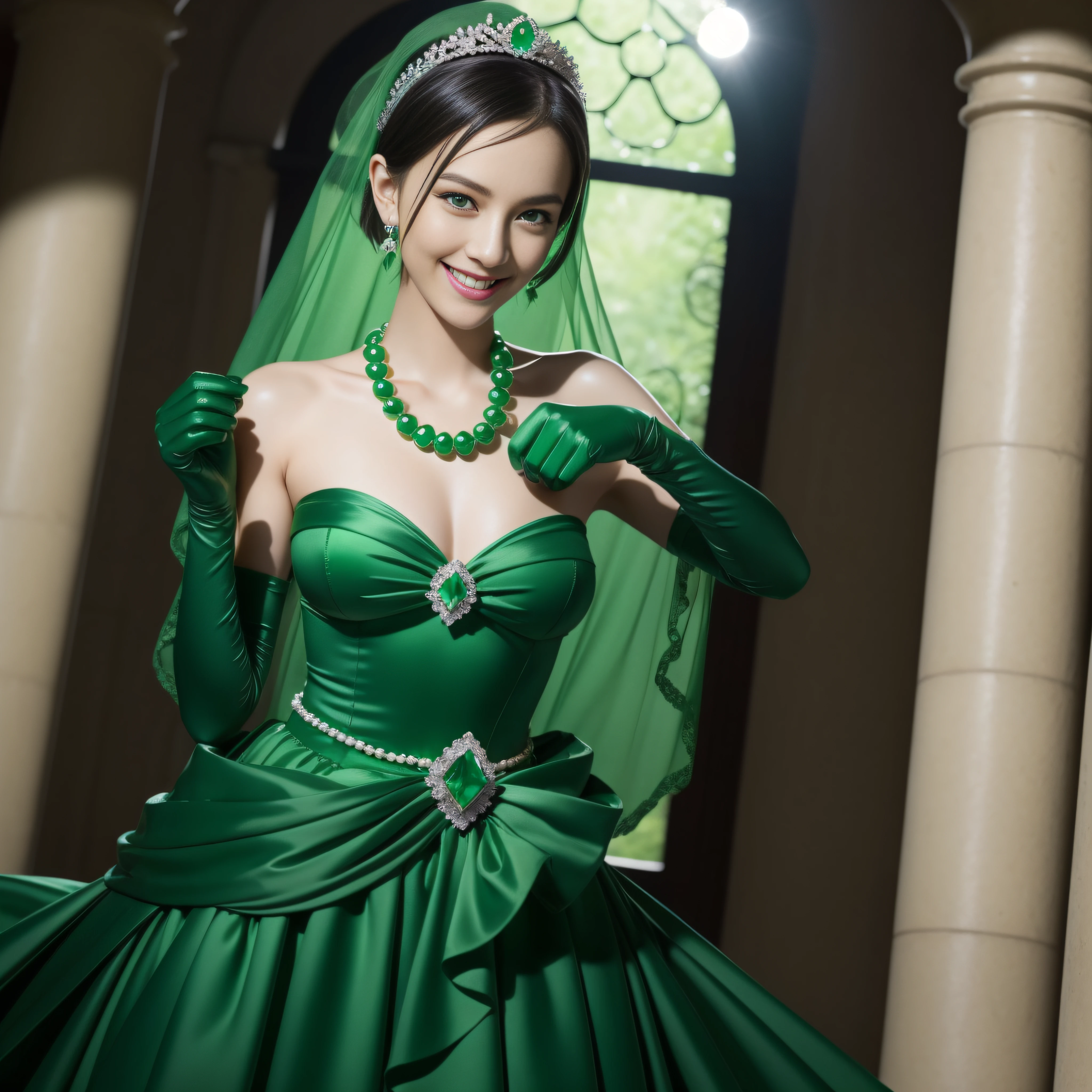 emerald tiara, Green Pearl Necklace, Boyish very short green hair, lipsticks, Japan woman smiling, very short short hair, big breasts beautiful, Green eyes, Long green gloves made of satin material, Green eyes, Emerald Earrings