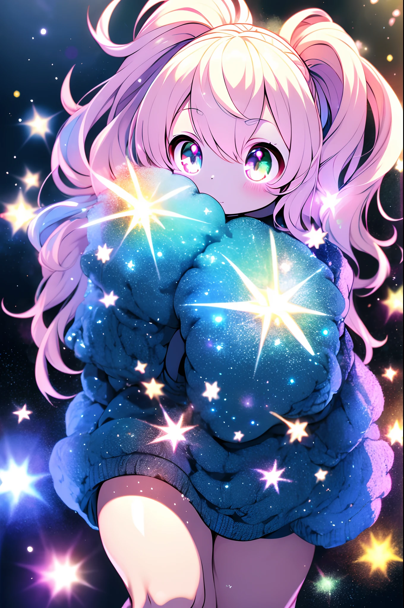 masutepiece, Highest Ease, high_quality, high_resolution, masutepiece*portait, A white space, Colorful, 1girl in, Solo, white_hair, Prism Hair, [Pink|Green] Eyes, Gradient Eyes, multicolored eyes, Glowing eyes, blazing, Glitter, Glowing White Particles, wind lift, full_Body, Serious,