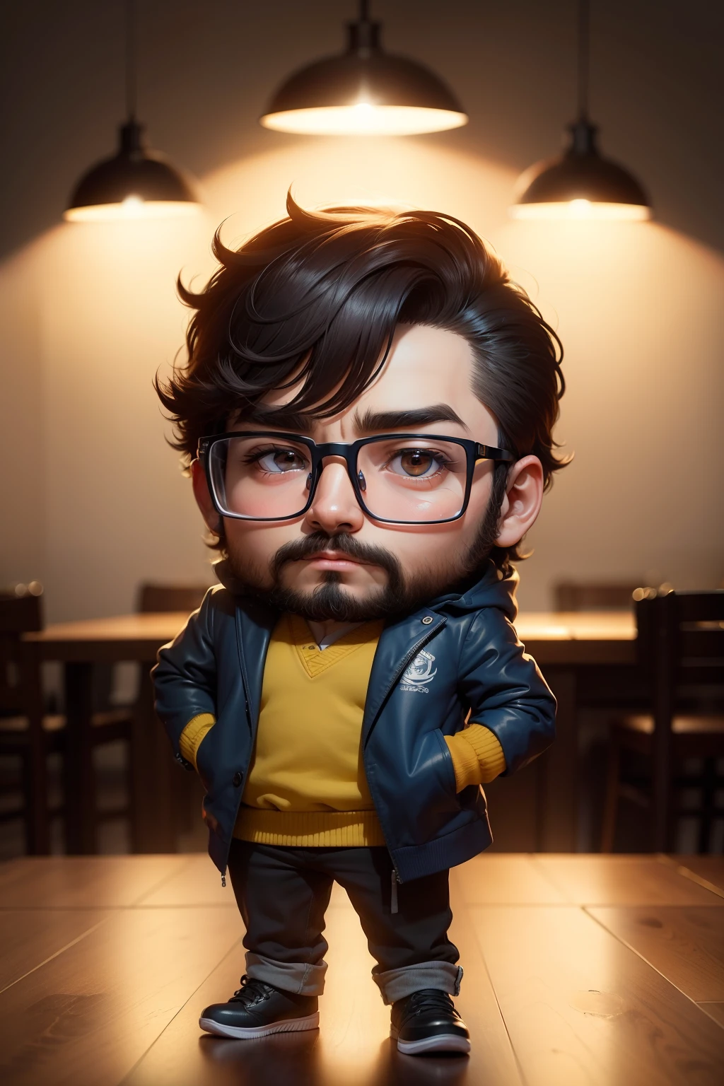 obra-prima, Hombre con gafas, Nerd, Studio lighting, estilo cartoon, Chibi, Corriente, Fondo del bosque, Altamente detallado