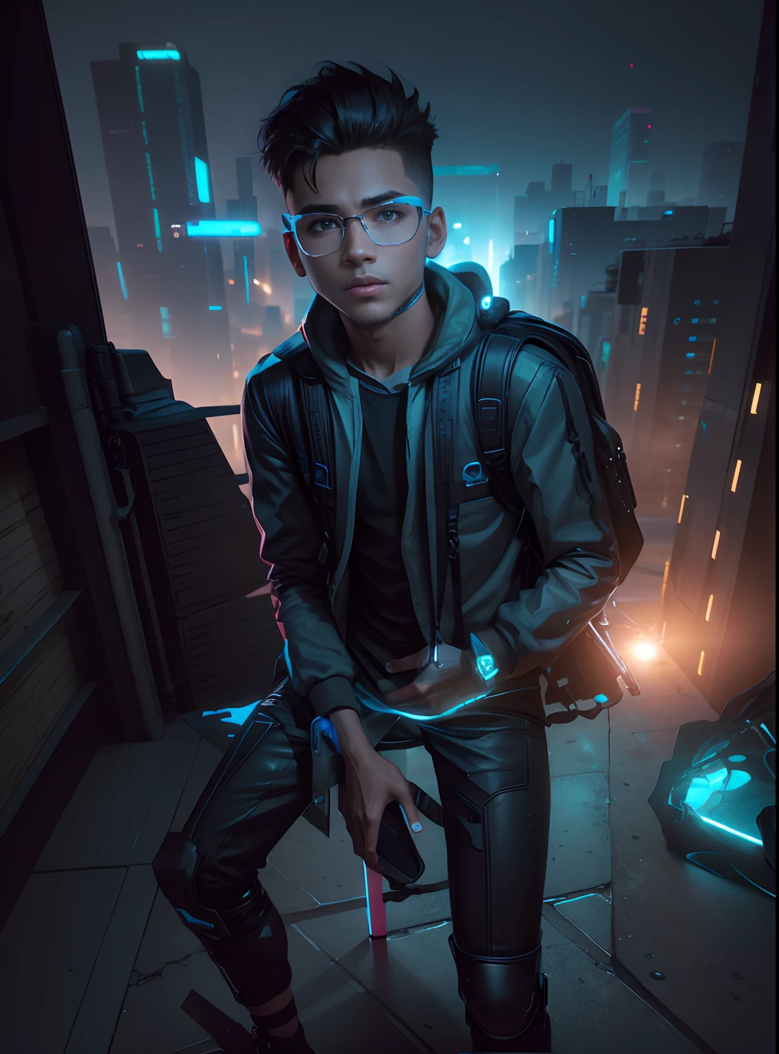 8K，Fine picture quality，Future street background，A cyberpunk boy，Carry this futuristic technology backpack，The backpack has lights，Future illuminated camera in hand，Back shadow