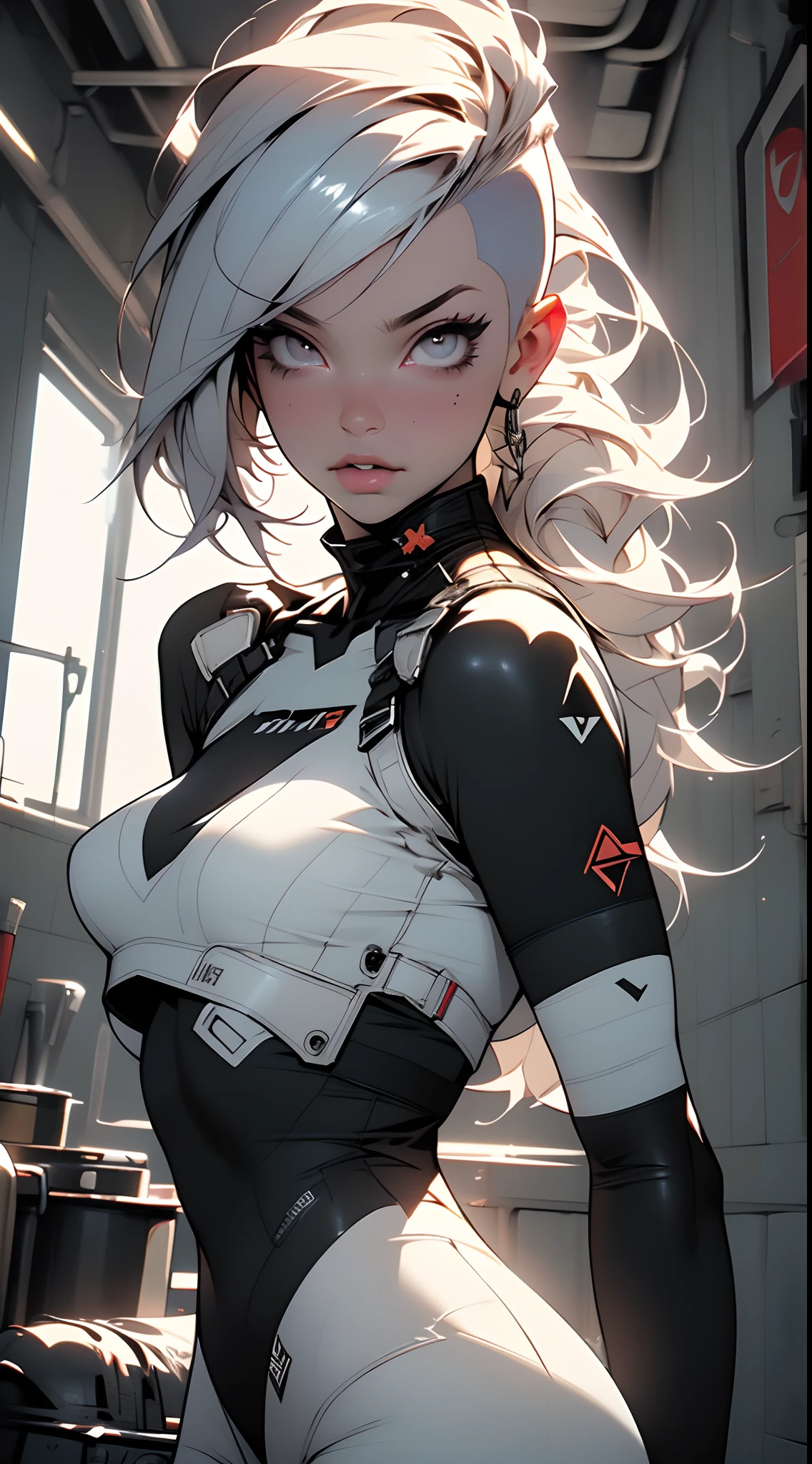 (Best Quality), ((Masterpiece), (Detail: 1.4), 3D, A Beautiful Cyberpunk Woman, HDR (High Dynamic Range), young white woman, Clean Face, Sensual Pose, Shiny Skin, nude, High Contrast, Short Colored Mohawk Hair, Ray Graphics by Clothing, Ships Can Be Seen Through The Large Window, Satin Apparel, Ray Tracing, NVIDIA RTX, Super-Resolution, Unreal 5, Subsurface Scattering, PBR Textures, Post-Processing, Anisotropic Filtering, Depth of Field, Maximum Sharpness and Sharpening, Multilayer Textures, Albedo and Enhancement Maps, Surface Shading, Accurate simulation of light-material interactions, perfect proportions, Octane Render, Two-color light, large aperture, low ISO, white balance, rule of thirds, 8K RAW, streetwear