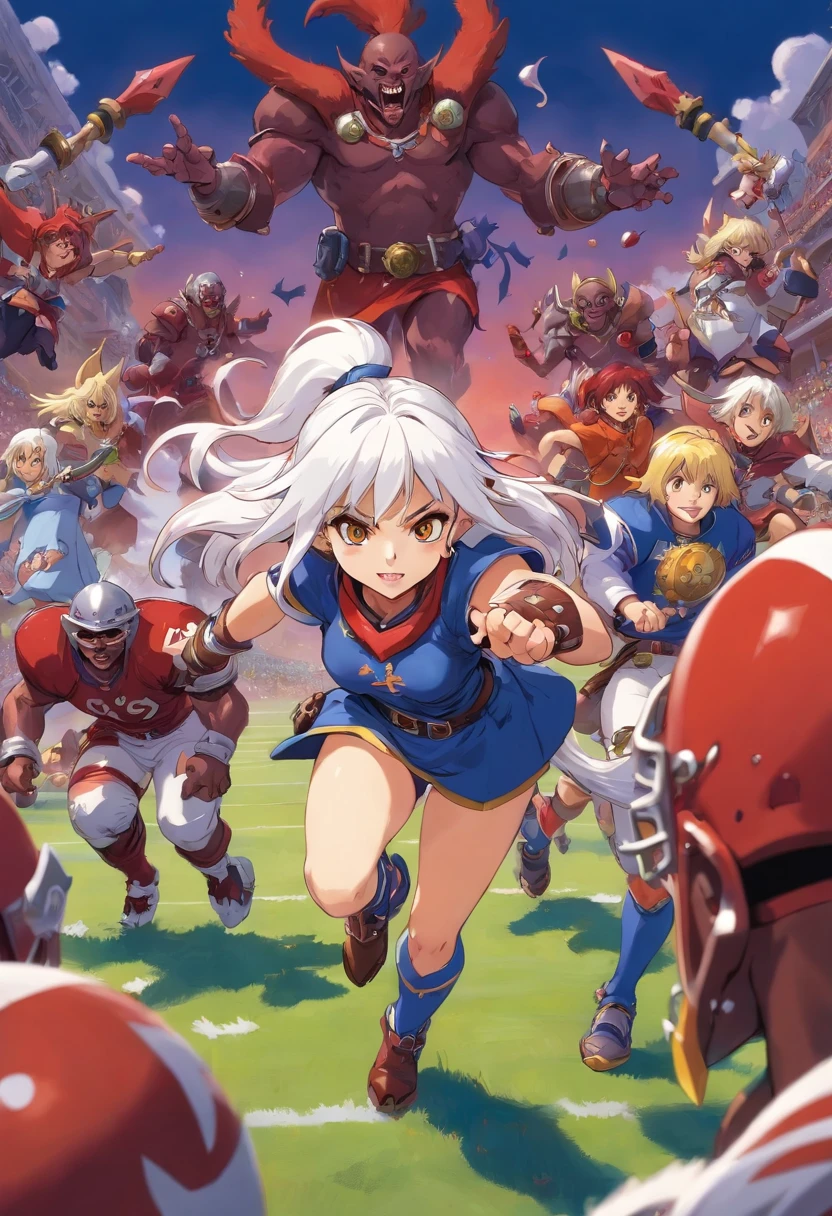 blood bowl, dark elf team, witch elf, long white hair,  spiked wrist guards, holding american football, running past others, showing panties