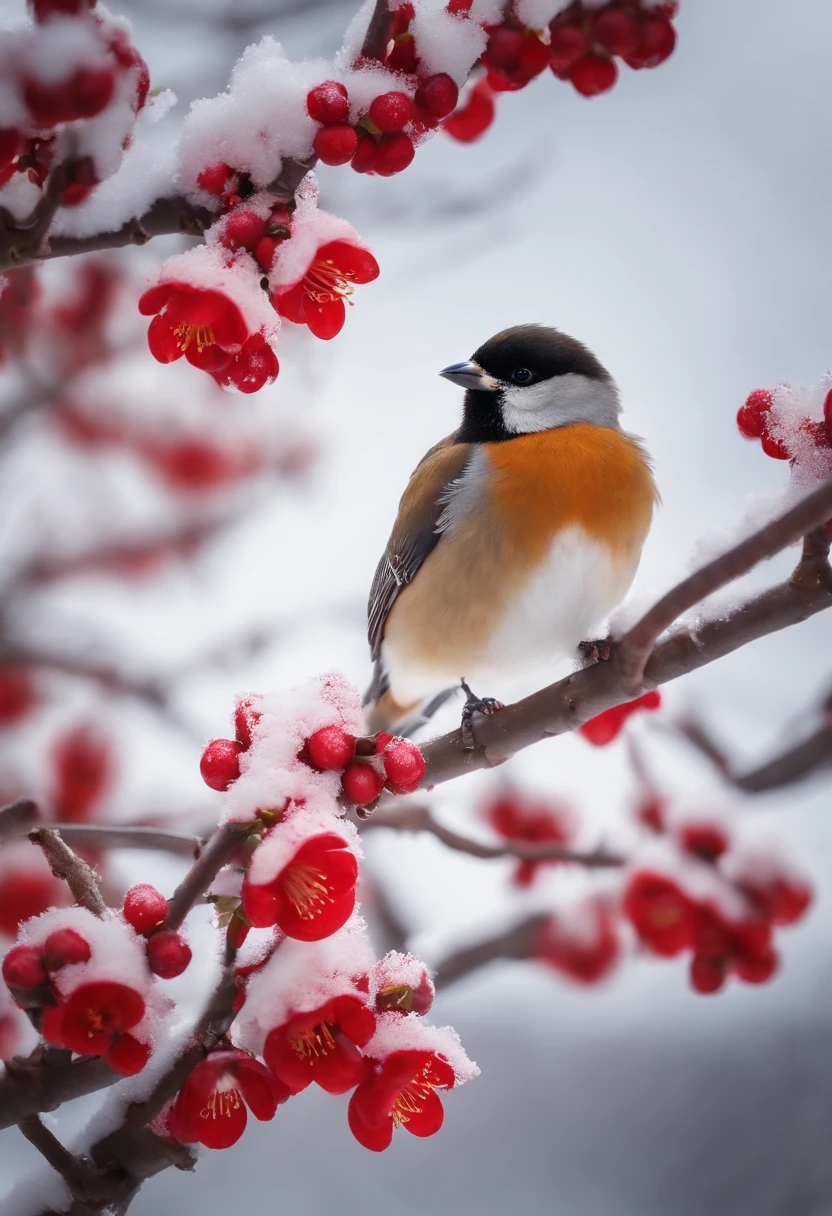 Masterpiece, high quality, on a plum blossom tree in the snow, (three little birds) get together, winter sunshine, red wintersweet flowers, building cornices in the distance, glare --v6