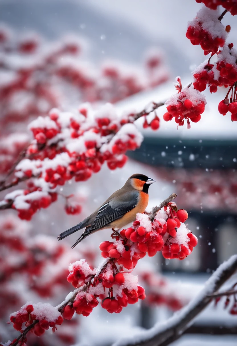 Masterpiece, high quality, on a plum blossom tree in the snow, (three little birds) get together, winter sunshine, red wintersweet flowers, building cornices in the distance, glare --v6