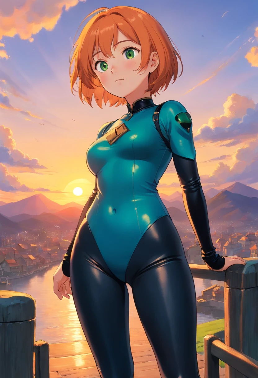 beautiful, masterpiece, best quality, extremely detailed face, perfect lighting, 1girl, solo, arezu \(pokemon\), embarassed, looking at viewer, full body, unzipped all the way,cleavage,navel,sexy pose,latex bodysuit,tight-fitting,bright colors,shiny material,highlighted curves,vibrant sunset colors,sensual lighting(front light),sunset hues,warm and glowing ambiance