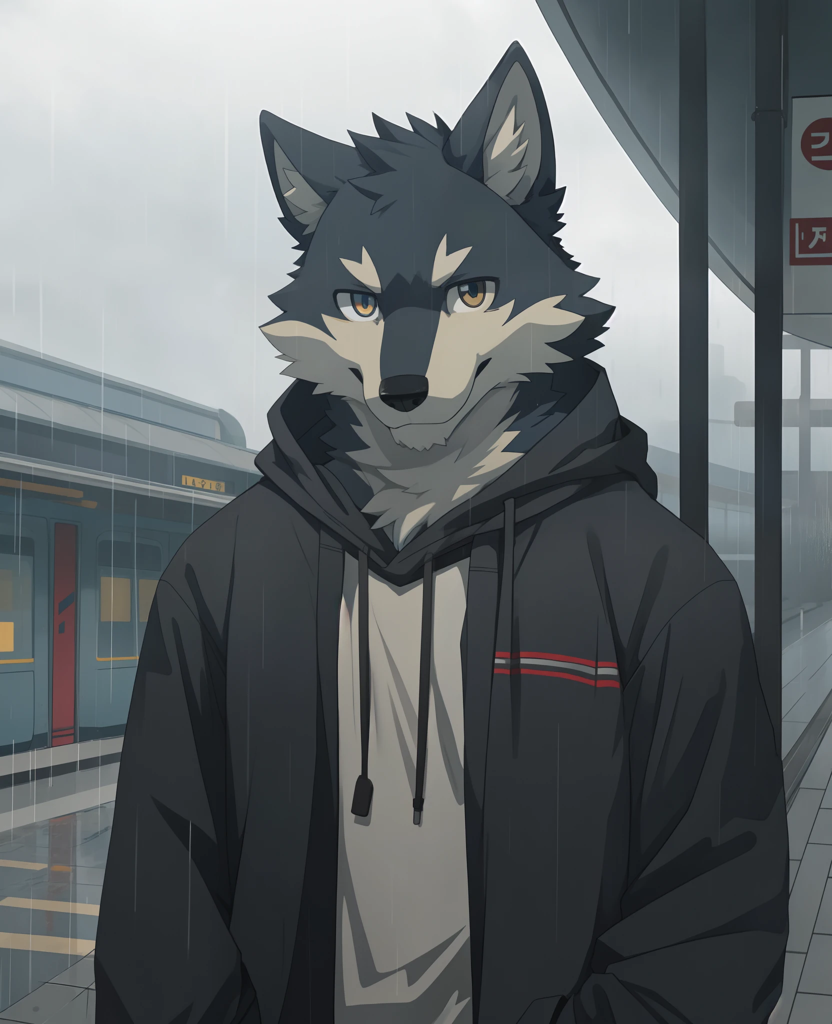 masterpiece, best quality, perfect anatomy,nj5furry,kemono,
solo,male,anthro,wolf,baggy clothing, gentle, 
bright eyes, detailed eyes, looking at viewer, 
train station, waterdrop, grey sky, raining, fog,