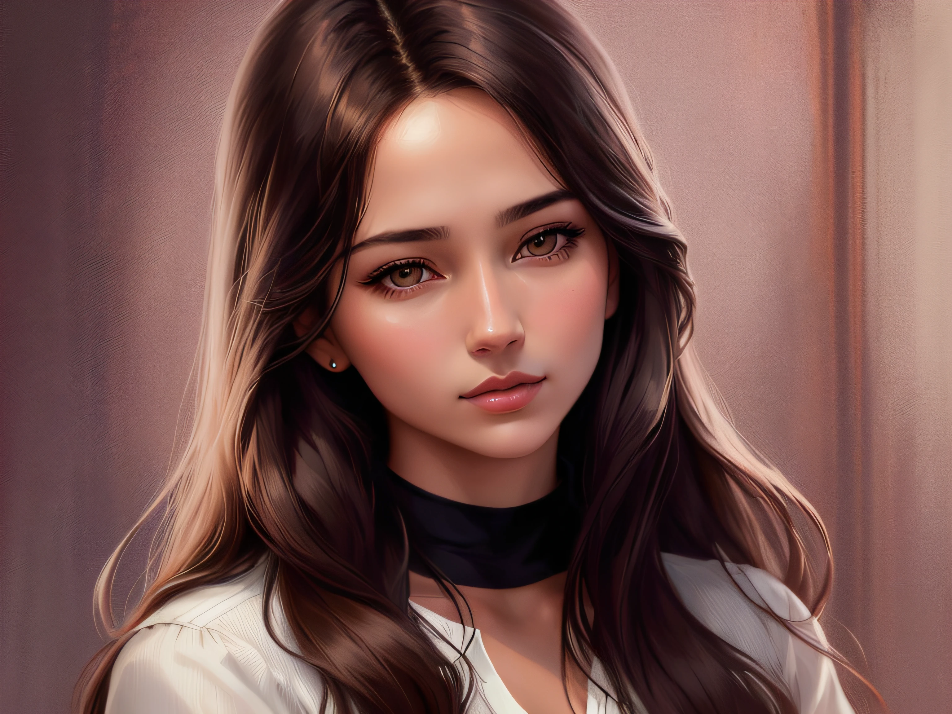 Arafed Portrait of a woman with long hair and a white shirt, portrait digital art, digital art portrait, airbrush digital oil painting, digital art oil painting, Smooth. Digital Painting, detailed color portrait, in the style of oil painting, in style of digital painting, sultry digital painting, digital painting style, realistic digital painting, photorealistic digital painting