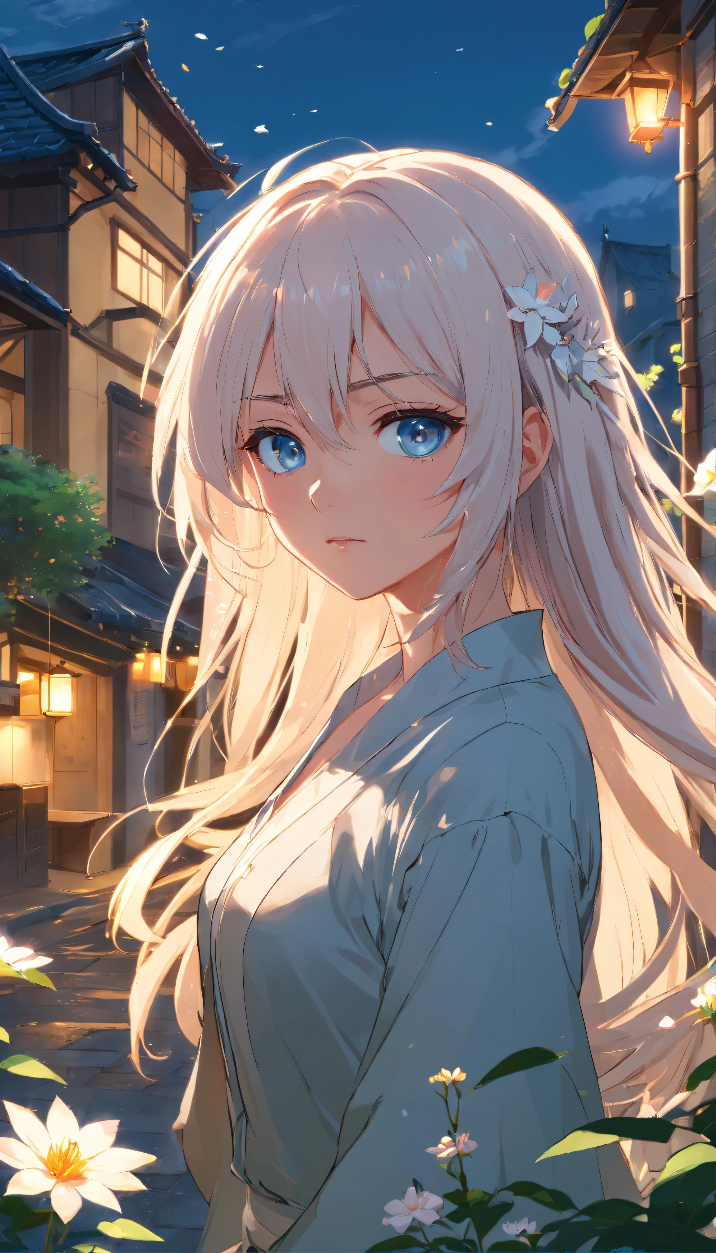 An extremely detailed illustration of a vampire girl on the town, perfect body, (anime illustration), medieval, ((detailed fantasy town)), (detailed sky), (detailed buildings), (small height), {detailed eyes). (white hair), (blue eyes), white plain shirt, tunic, pants, (dramatic lighting), ((Masterpiece)), ((white winds)), ((perfect detailed hands)), detailed leaves, ((intricate detail)), Jewel-like eyes, (sharp eyes), long hair, (((smooth wet skin))), fierce look, (flowers), sunlight, ((surrounded by floating petal)), focus on the subject, chiaroscuro, kingdom, HD wallpaper, UHD image, trending on Pixiv