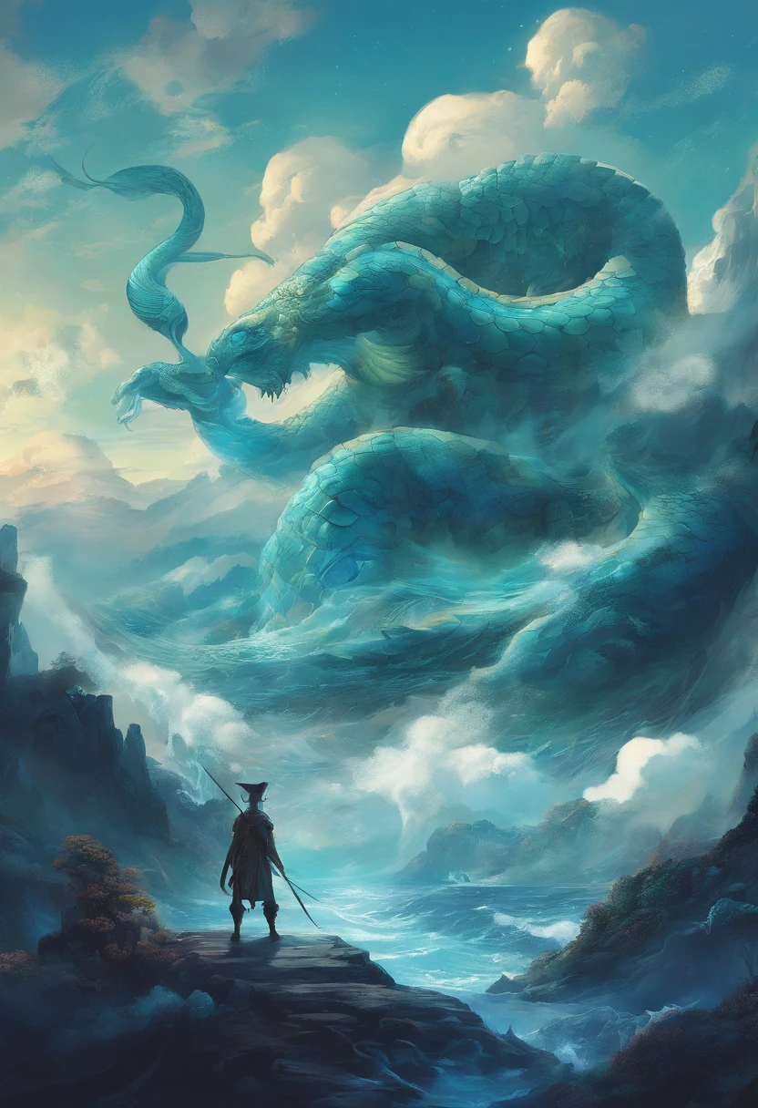 China-style，Chinese mythology，Dragon turtle，faucet，Angular，Turtle body，Giant tortoiseshell shell，（Heavy tortoiseshell shell：1.4），The tail of the snake grows out，has horns on its head，tosen，Ferocious，gargantuan，The eyes glow blue light，the sea，Huge waves，surrounded by cloud，中景 the scene is，Full body like， highly detailed surreal vfx，oc rendered， - AR 16:9 --q 2 --s 1000