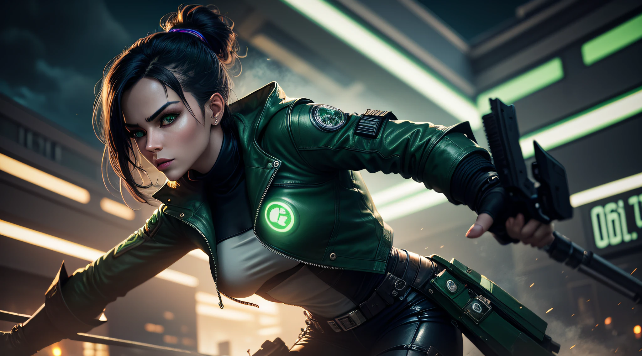 best quality,ultra-detailed,realistic,professional,rogue inspired by "viper valorant",detailed eyes and face,glowing green eyes,mysterious and confident expression,exquisite leather jacket and gloves,grim and futuristic atmosphere,smoke and neon lights,dynamic pose and motion,nighttime urban cityscape as background,details on weapons and gadgets,vivid colors,high contrast lighting,photorealistic style,green color tones.