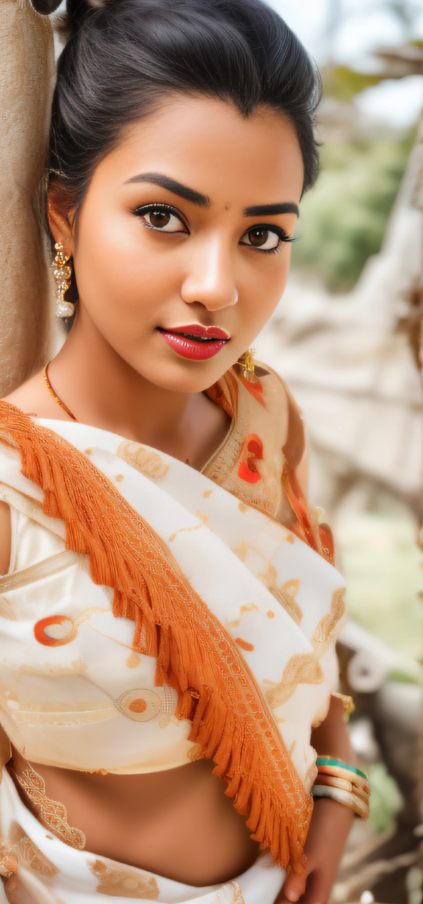 arafed woman in a plain white  sari posing for a picture, very beautiful girl, traditional beauty, with lovely look, very very very beautifull face, very beautiful enga style, with a beautifull smile, beautiful pretty young, young girl, a beautiful young woman, with accurate face, beutiful face, cute beautiful, with kind face, she is about 27years old,  ((film grain, skin details, high detailed skin texture, 8k hdr, dslr)), photography taken by sony DSLR, Hd image, big breast, dark red lips, indian model, actress, srilanka female model, black long hair, beautiful face