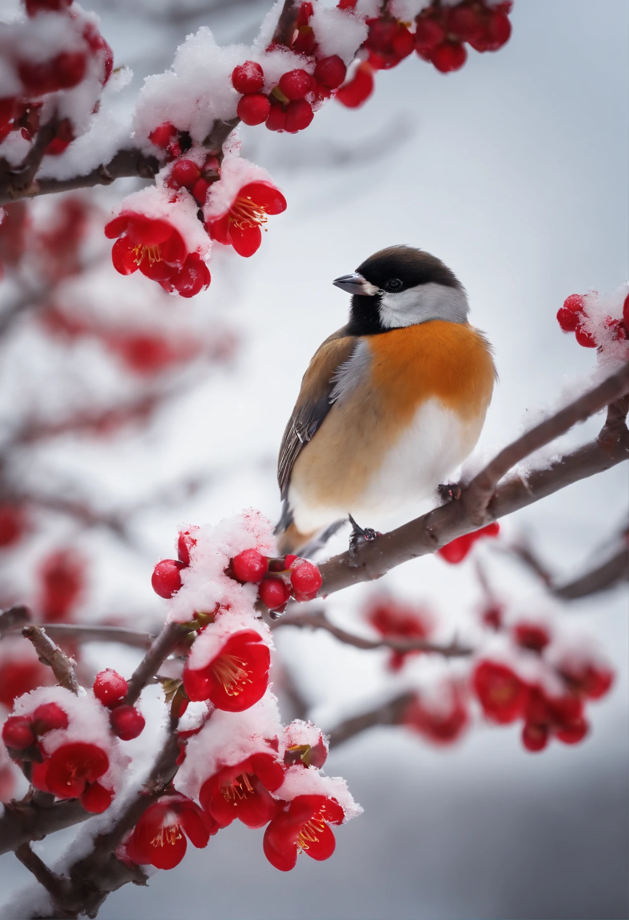 Masterpiece, high quality, on a plum blossom tree in the snow, (three little birds) get together, winter sunshine, red wintersweet flowers, building cornices in the distance, glare --v6