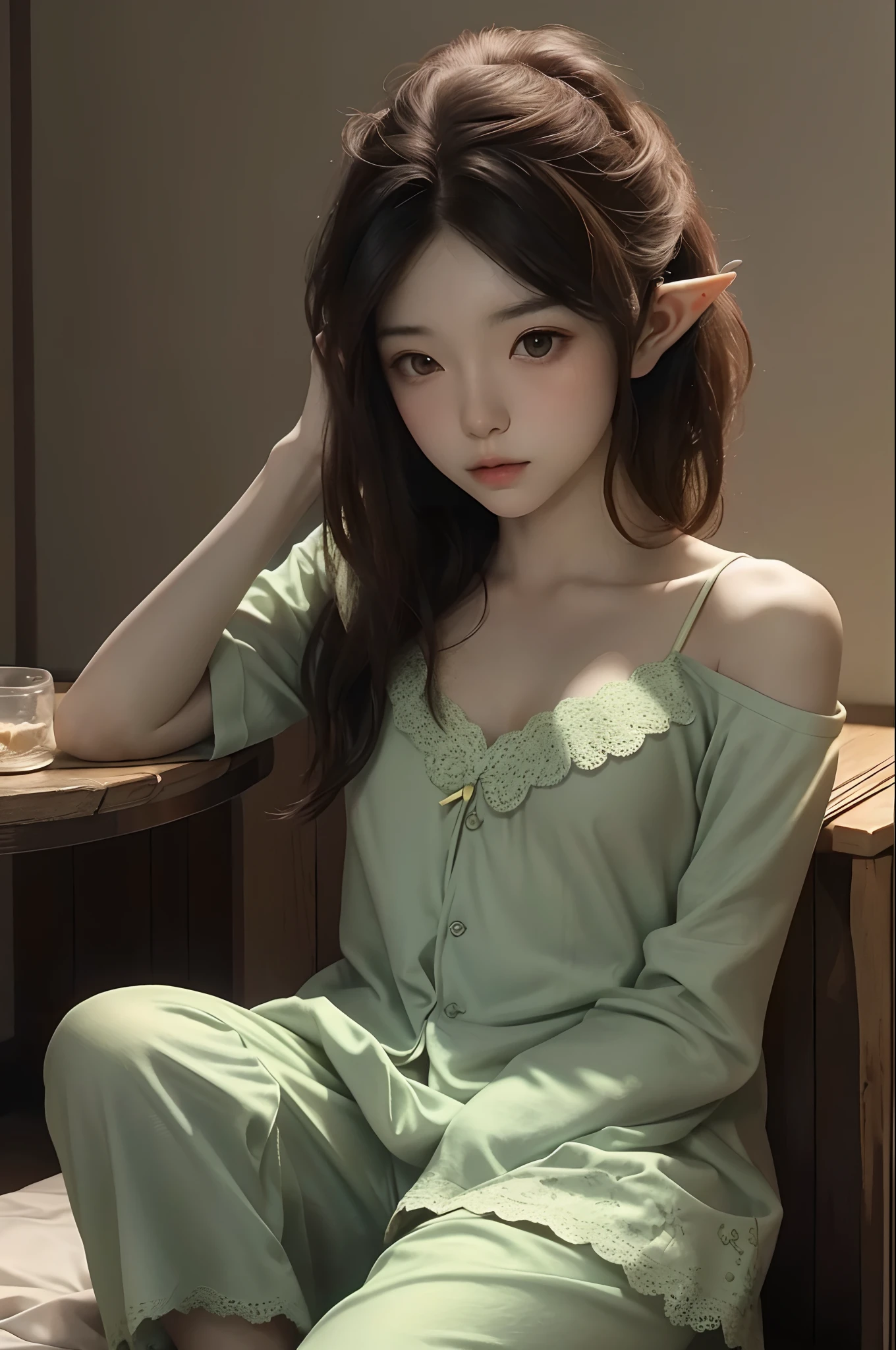 （realisticlying：1.4）， offcial art， Unity 8k壁纸， ultra - detailed，Delicate detail skin，（Movie Angle），filmgrain，cinmatic lighting，Beautiful and beautiful， tmasterpiece，best qualityer，
（Dark interior），Dark environment，table light，
1girll，(looking at viewert)，pointy ears，(elvish ears)，hands behind body，((messy  hair))，(redheadwear)，bare shoulders​，flatchest，Shoulder，(Lace women's pajamas)，Saggy clothes，duck sitting，Beth，Hot summer，Moist，Sweat，sentimental，