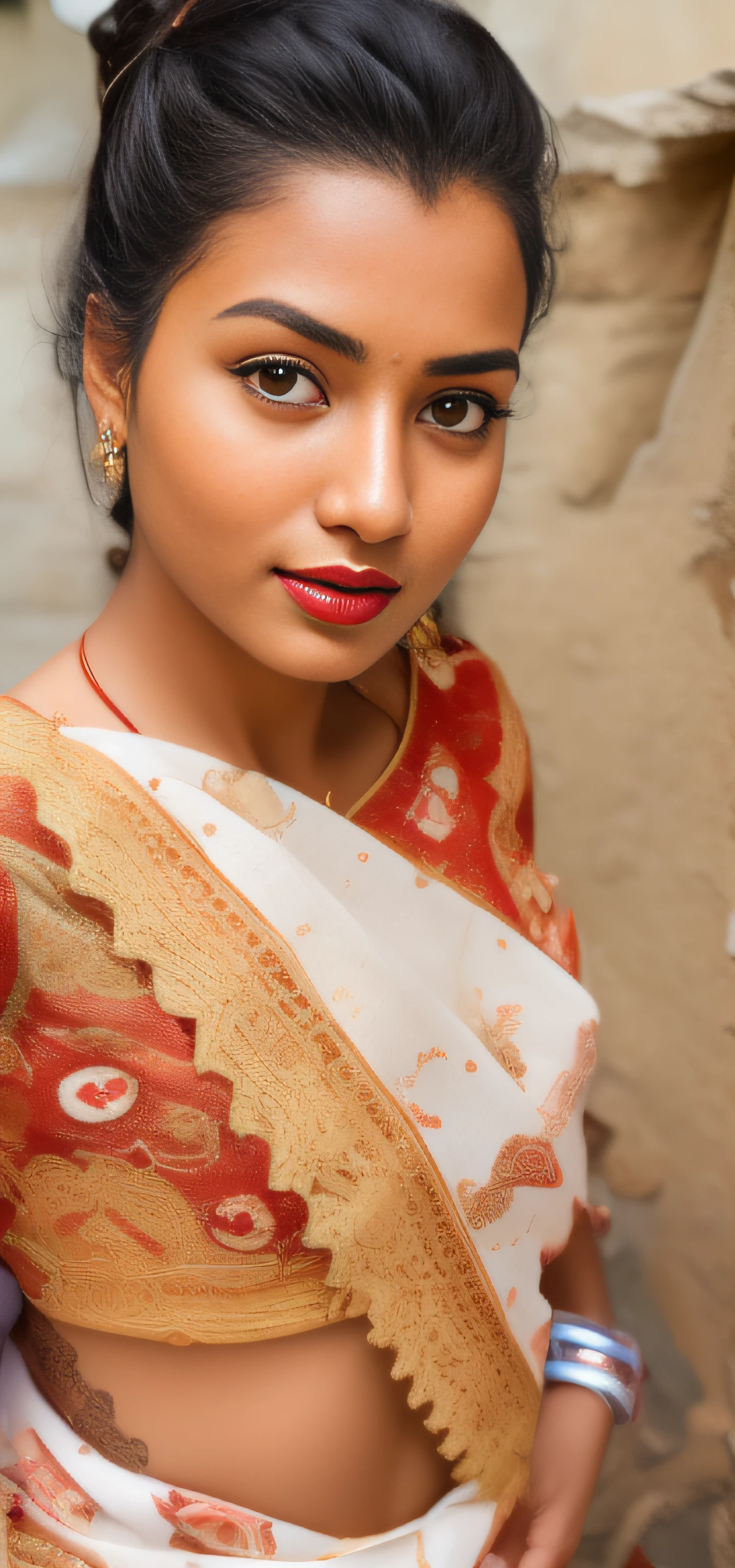 arafed woman in a plain white  sari posing for a picture, very beautiful girl, traditional beauty, with lovely look, very very very beautifull face, very beautiful enga style, with a beautifull smile, beautiful pretty young, young girl, a beautiful young woman, with accurate face, beutiful face, cute beautiful, with kind face, she is about 27years old,  ((film grain, skin details, high detailed skin texture, 8k hdr, dslr)), photography taken by sony DSLR, Hd image, big breast, dark red lips, indian model, actress, srilanka female model, black long hair, beautiful face