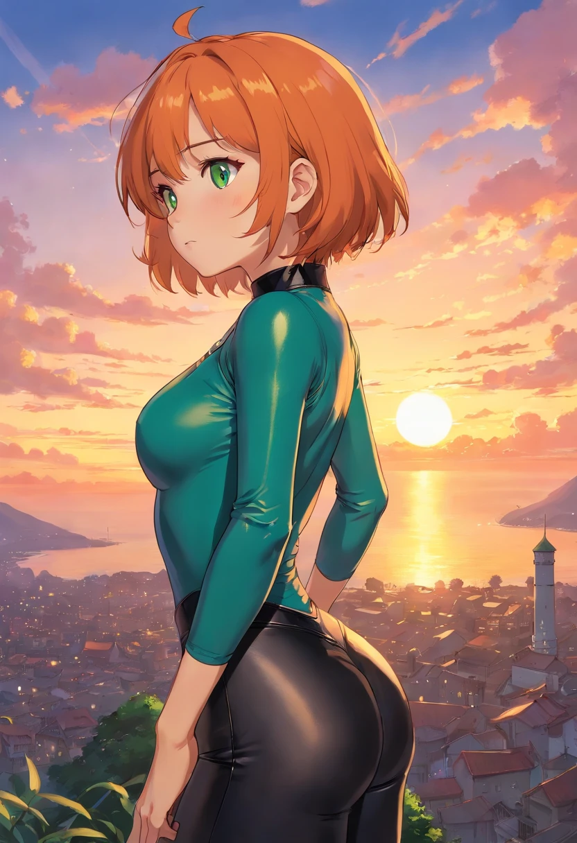 1girl, short orange hair, green eyes, freckles, huge breasts, wearing blue leotard, black leather pants, sunset, absurdres, high res, ultrasharp, 8K, masterpiece, looking at the sky