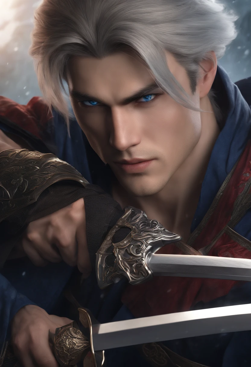 (best quality, highres:1.2),ultra-detailed,realistic:1.37,white-haired young man without a beard with blue eyes, 2 katanas one red and one blue, detailed eyes and face, long eyelashes, distinct facial features, confident expression, dynamic pose,sleek appearance (no tattered clothing), vibrant colors, studio lighting, intricate details on katanas, glossy finish on their blades, dramatic background, a hint of fog, contrast between warm and cool tones, sharp focus, HDR, physically-based rendering, intense highlights and shadows