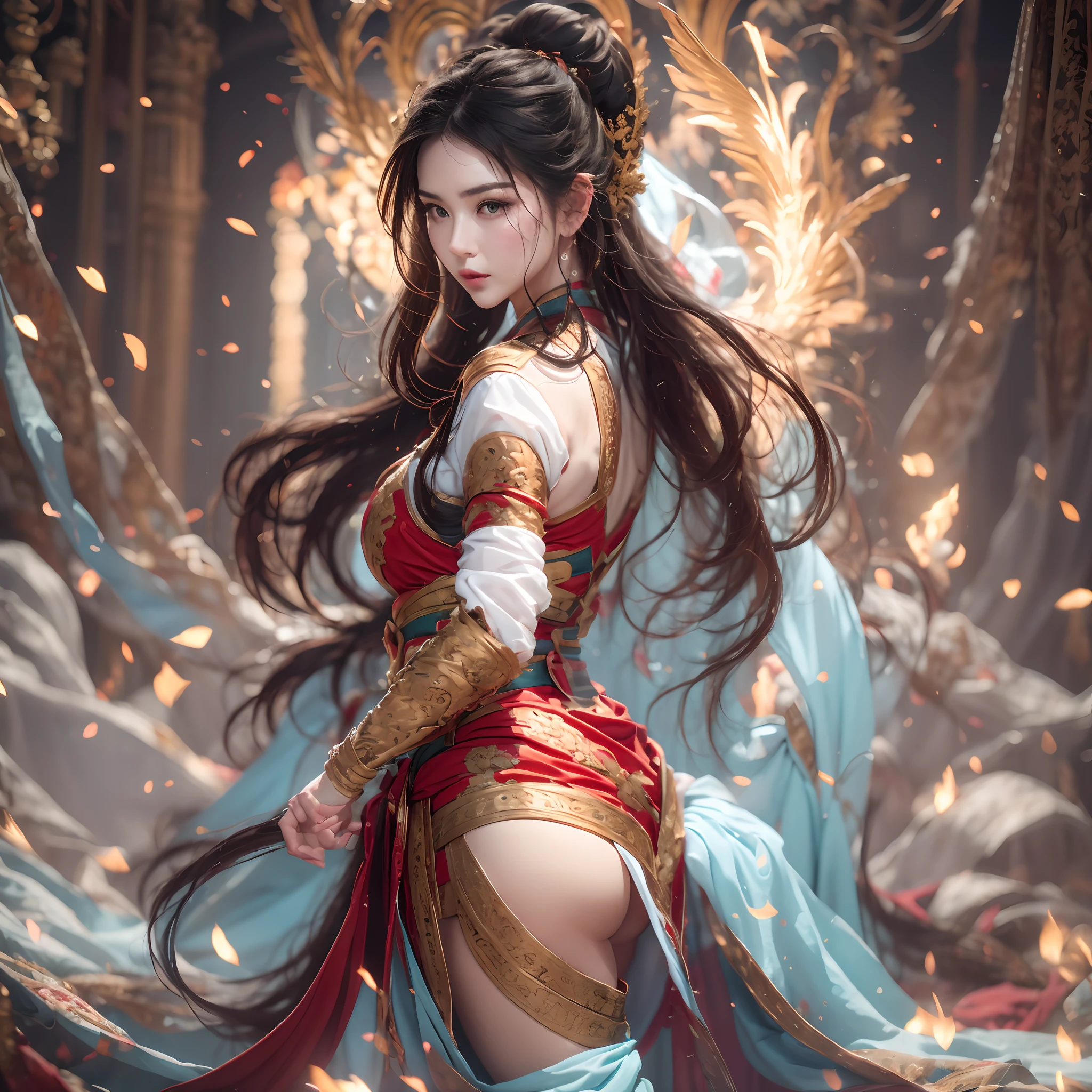 A sword-wielding woman dressed in cyan gauze was sitting upright on the back of the white horse,Her soft black hair is neatly coiled by a gold-handled hairpin,Only a few strands of blue silk are left on the sideburns,Skin like snow,The dignified face has delicate facial features,Beautiful eyes flow,He was constantly looking at the group of soldiers around him,And the two huge pieces of beautiful flesh on the chest are rising and falling with gentle breathing, pushing out the cyan gauze robe a little,Under a light green silk skirt,Step on a pair of red silk and gold shoes,Behind his waist was a Blue Creek scabbard,But gently propped up by her plump fat buttocks。Although this woman has a hot figure,plump and inviting,But the whole person exudes an inexplicable cold temperament,Quite majestic,