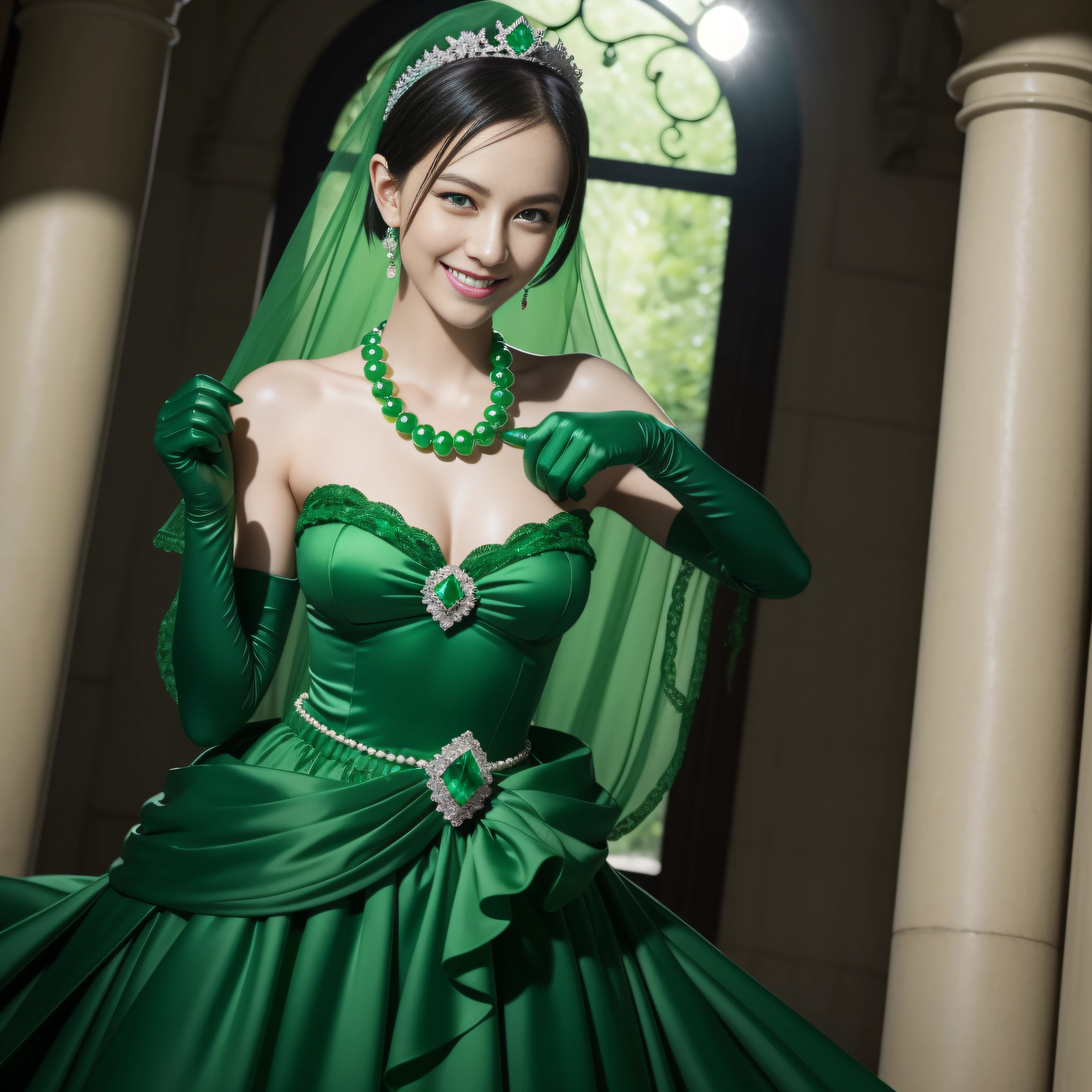 emerald tiara, Green Pearl Necklace, Boyish very short black hair, lipsticks, Japan woman smiling, very short short hair, big breasts beautiful, Green eyes, Long green gloves made of satin material, Green eyes, Emerald Earrings