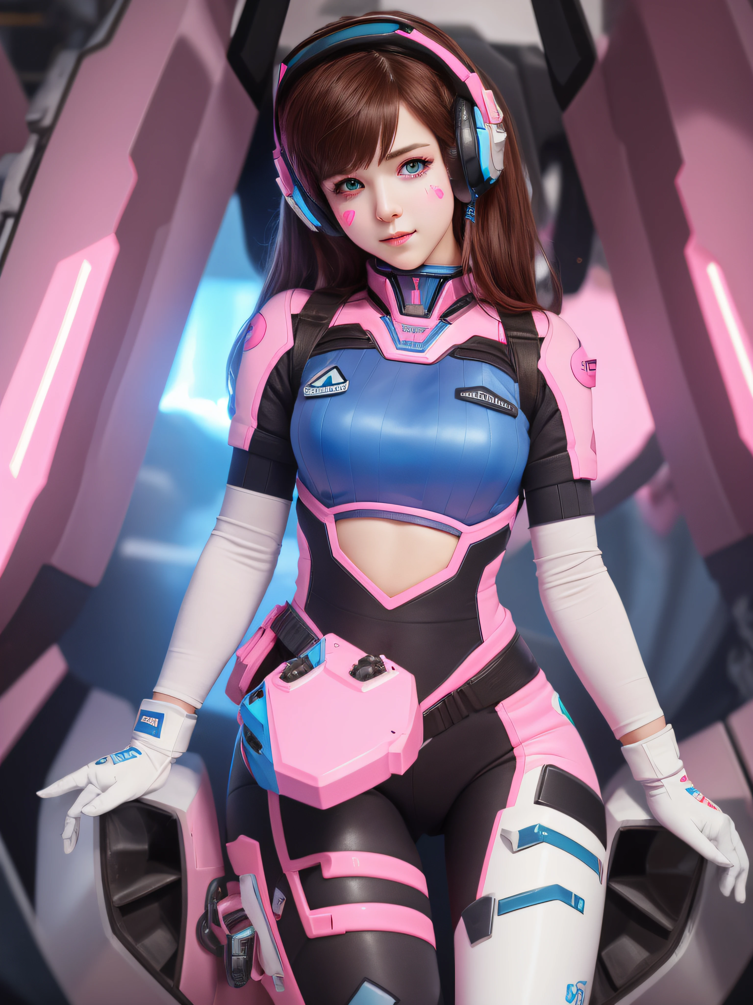 Dva from Overwatch masturbates in a latex suit with her breasts sticking out with a dildo in her pussy and has an orgasm-like facial expression