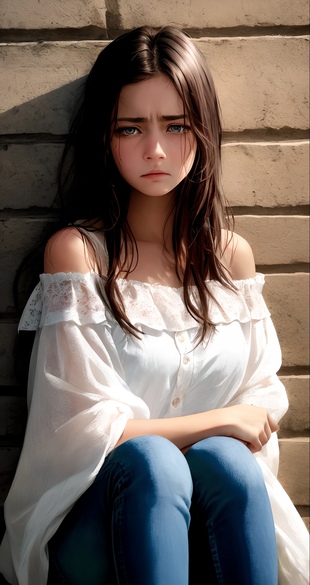 Best Quality, Masterpiece, Ultra High Resolution, (Realistic: 1.4), Original Photo, (Realistic Skin Texture: 1.3), (Film Grain: 1.3), Panorama, Portrait of People, Very Wide Lens, Narrow Waist, Denim Lens, (In the Dark, Deep Shadows, Understated, Cold Light,) Night, Close Up, Tears, Indoor, Dust, Tyndall Effect, Sadness, Disappointment, Gloomy (Expression), Sitting, (Against the Wall), Crying, Frowning, (Looking Down), Nervousness, Tearful, Lonely, 1 Girl, Beautiful detailed eyes and face, white jabot, off-the-shoulder, brown eyes,