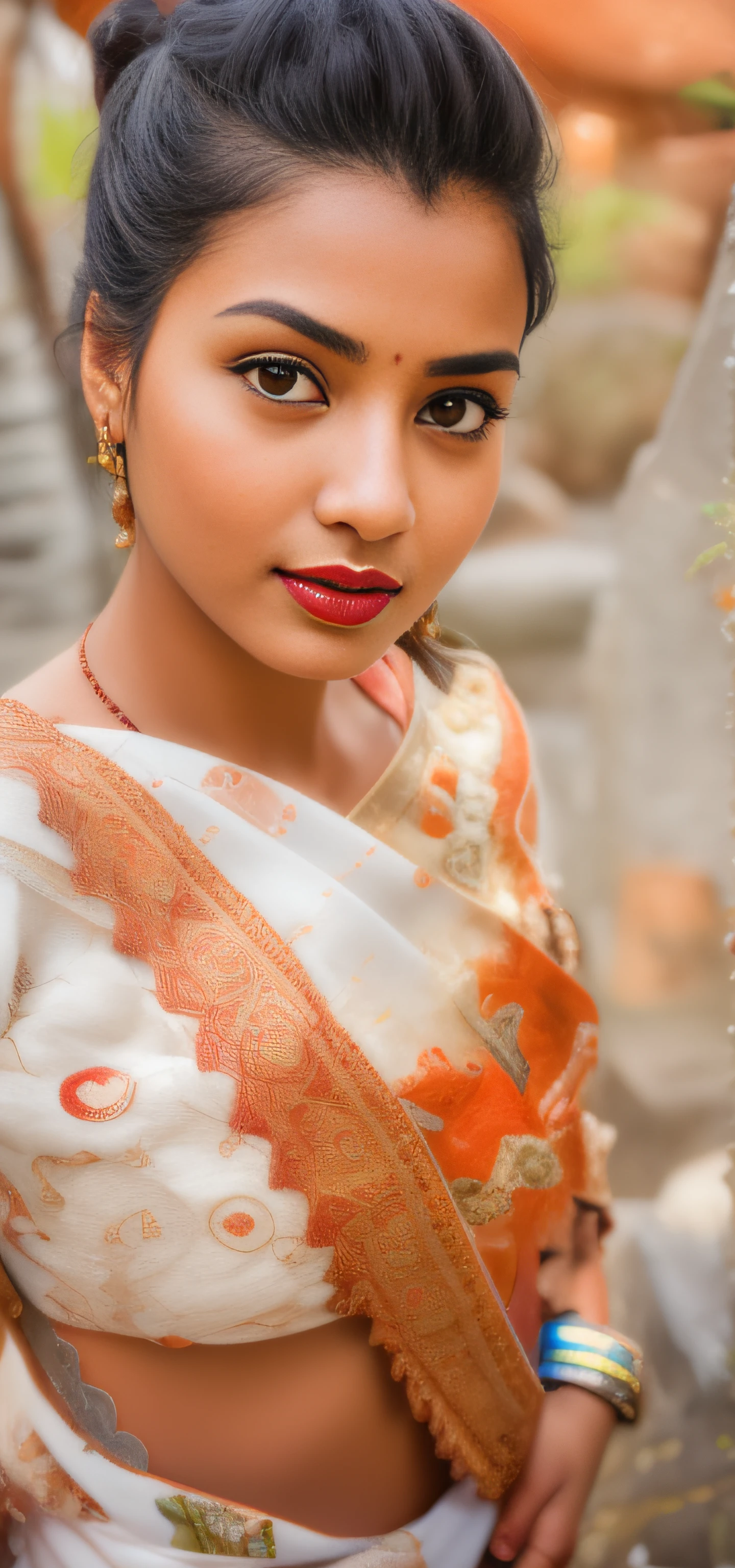 arafed woman in a plain white  sari posing for a picture, very beautiful girl, traditional beauty, with lovely look, very very very beautifull face, very beautiful enga style, with a beautifull smile, beautiful pretty young, young girl, a beautiful young woman, with accurate face, beutiful face, cute beautiful, with kind face, she is about 27years old,  ((film grain, skin details, high detailed skin texture, 8k hdr, dslr)), photography taken by sony DSLR, Hd image, big breast, dark red lips, indian model, actress, srilanka female model