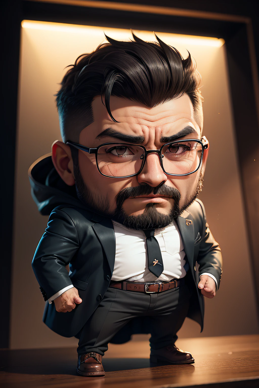 obra-prima, Hombre con gafas, Nerd, Studio lighting, estilo cartoon, Chibi, Corriente, Fondo del bosque, Altamente detallado, con las manos fuera de los bolsillos