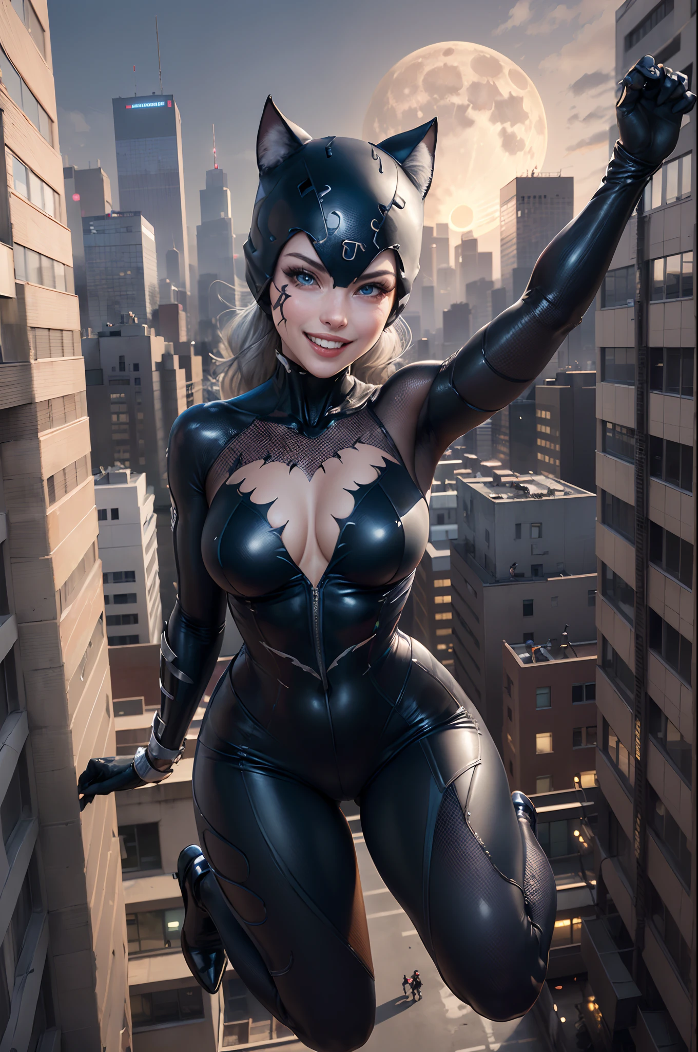 (​masterpiece、4K resolution、A hyper-realistic、ighly detailed)、(Black Superheroes theme、Charisma、There is a girl in a Catwoman costume above the town、She's a superhero)、 [((25-years old)、(Long grey hair:1.2)、full body Esbian、(blue eyess:1.2)、((Catwoman Pose)、show of strength、Jump from one building to another)、((Sandy urban environment):0.8)|(A city scape、natta、Dinamic Light)、(fullmoon)]#illustrate:Prompts are mainly ultra high definition、very real、Describes highly detailed 4K paintings。A superheroine in a Catwoman costume is depicted at the top of the city。The photo theme is a black superhero theme。(((A smile)))