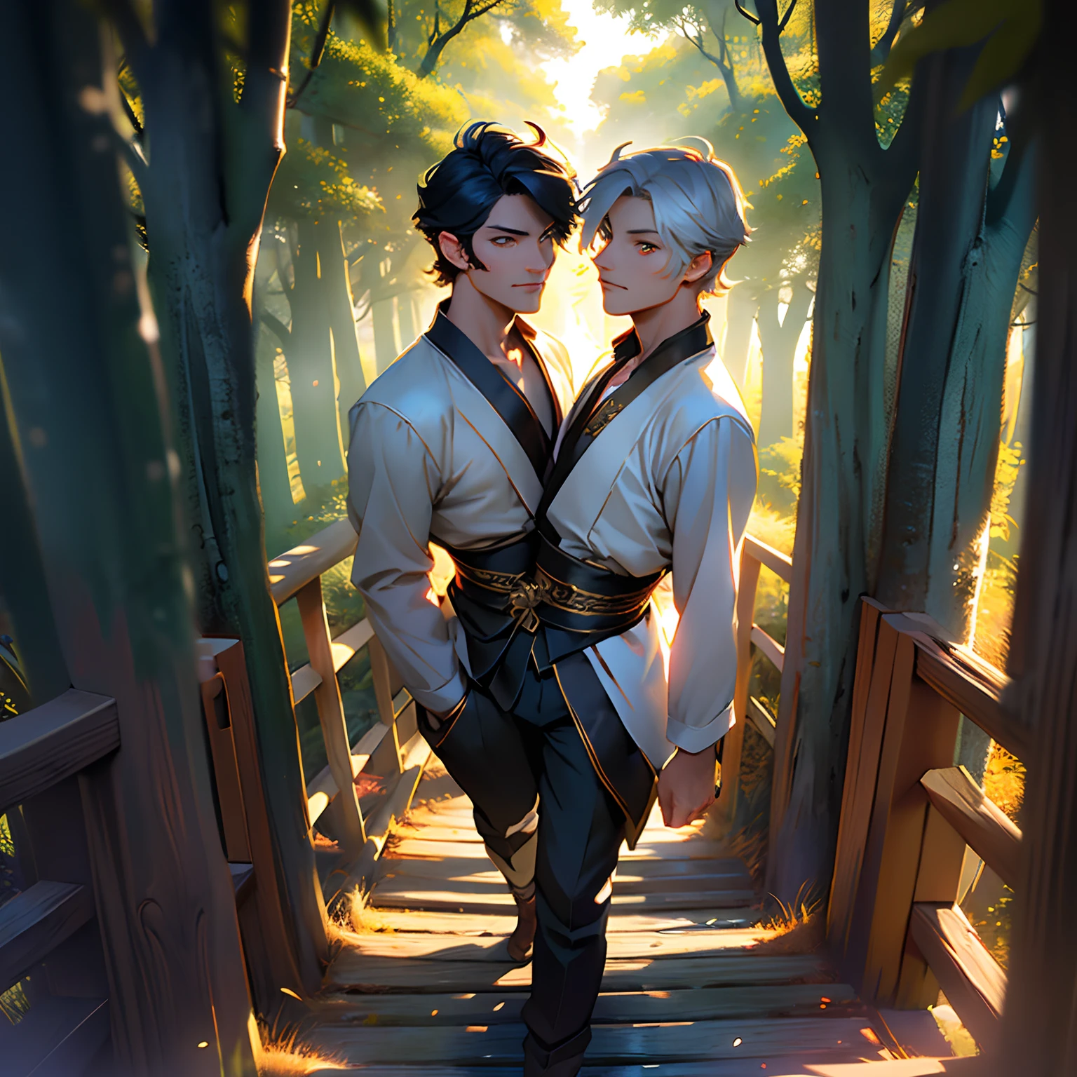 ((Masterpiece, Best Quality)), Ultra Detailed, Official Art, Unity 8k Wallpaper, Official Costume, Handsome Man, Solo, Two Faces, Two Heads, Age Different Faces, Shiny Skin, Sparkling Pupils, Different Hairstyles, Daytime, Background is Old Abandones Forest, Sunrise, Riverside, Wooden Bridge, Aesthetic, (full_body)