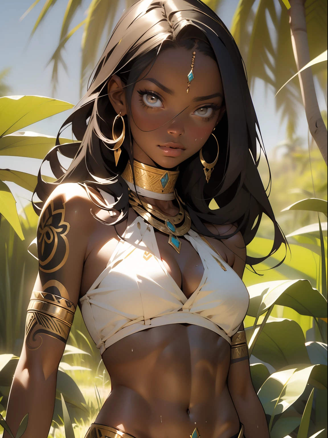 (((absurdres))), (((melhor qualidade))), (((obra prima))), (((Fantastic Art))), mulher africana de 35 anos musculosa, guerreira Zulu, seios grandes, decote enorme, pinturas de guerra pelo corpo, corpo perfeito e proporcional, Black-skinned savanna warrior wearing very few clothes and many necklaces and body adornments, Tiny bikini made of African beads, holding a spear and walking across the savannah, dry vegetation, muito calor, she is sweaty and her black skin glows under the scorching sun of Africa ((melhor qualidade)), ((obra-prima)), ((realista)), (detalhado), branco luminoso reflexivo: 1.5, textura vermelho brilhante: 1.3, 1bela mulher cabelo preto uma tatuagem colorida de ninfa borboleta indicada para mulheres