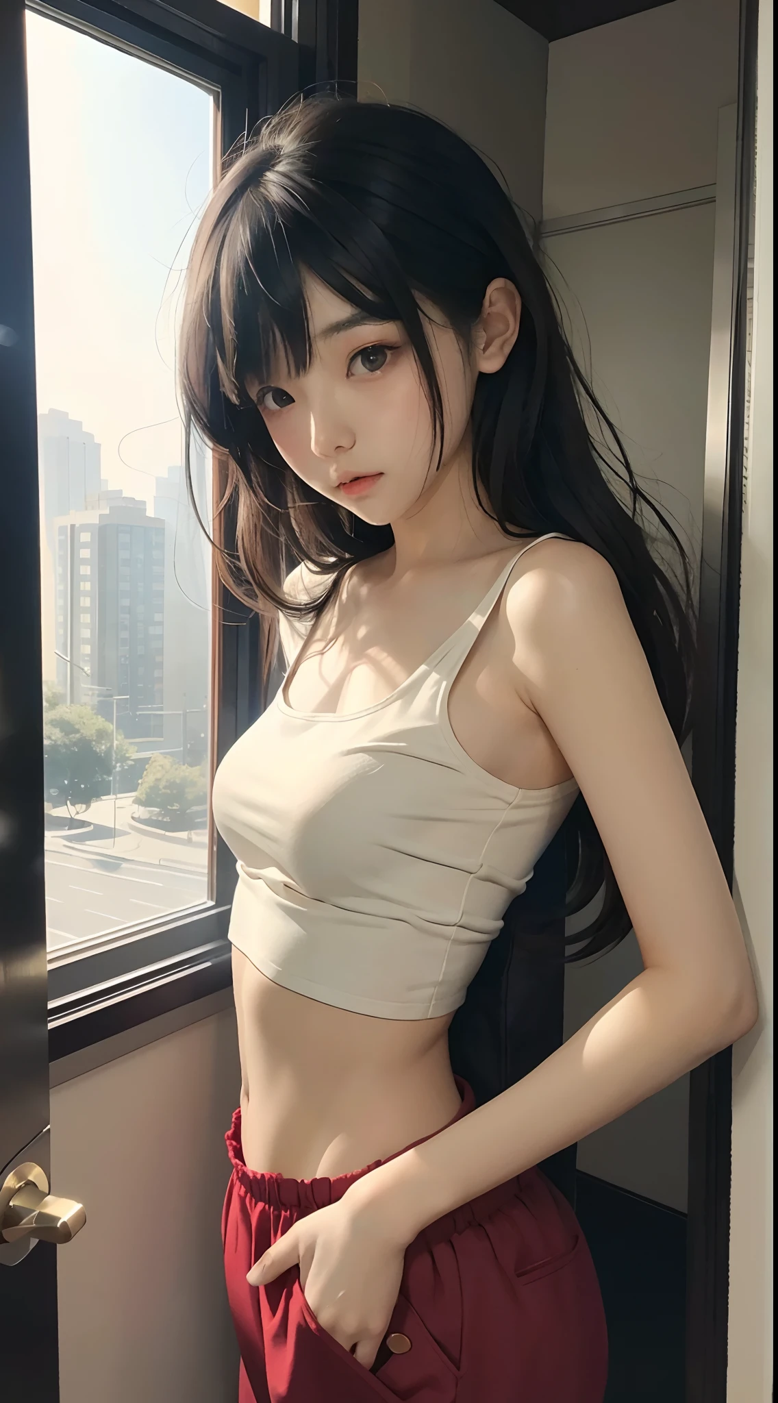 Ultra High Resolution, (Realistic: 1.4), RAW Photo, Best Quality, (Photorealistic), Focus, Soft Light, ((15 years old)), ((Japanese)), (Front, Young Face))), (Depth of Field), (One Piece), Masterpiece, (Photoreal), Woman, Bangs, (( bandeau top, Bedroom, 1 Girl))