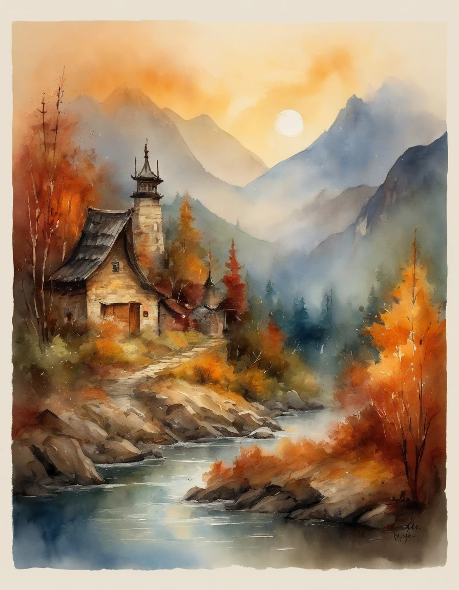 Bizarre steep peaks,autumnal,There is a stream at the foot of the mountain,There are reflections in the stream,country cabin,Cooking smoke rises,Pine trees have a peculiar shape,Sway with the wind,Color palette style,iso-distance view,Colored lead painting,Surreal photo,dream magical,pixel-perfect,hyper HD,in a panoramic view,8K分辨率,ultra-wide-angle,Faraway view,chinese paintings,Realistis,post impressionist