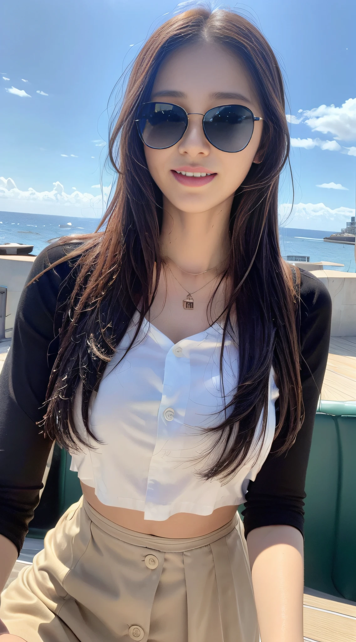 ((Best Quality, 8K, Masterpiece: 1.3, Realistic)), Sharp: 1.2, Perfect Body Beauty: 1.4, Slender Abs: 1.2, ((Layered brown hairstyle, Medium Breasts: 1.2)), (Wet White Button Long Shirt: 1.1, Long windy skirt: 1.6, Cute necklace: 1.1, Black sunglasses: 1.1), (Jeju island: 1.2, On boat: 1.1, Ocean background: 1.1), (Wet: 1.5, Windy: 1.6), Highly detailed face and skin texture, detailed eyes, double eyelids, seductive smile, side face looking at the camera, holding the camera