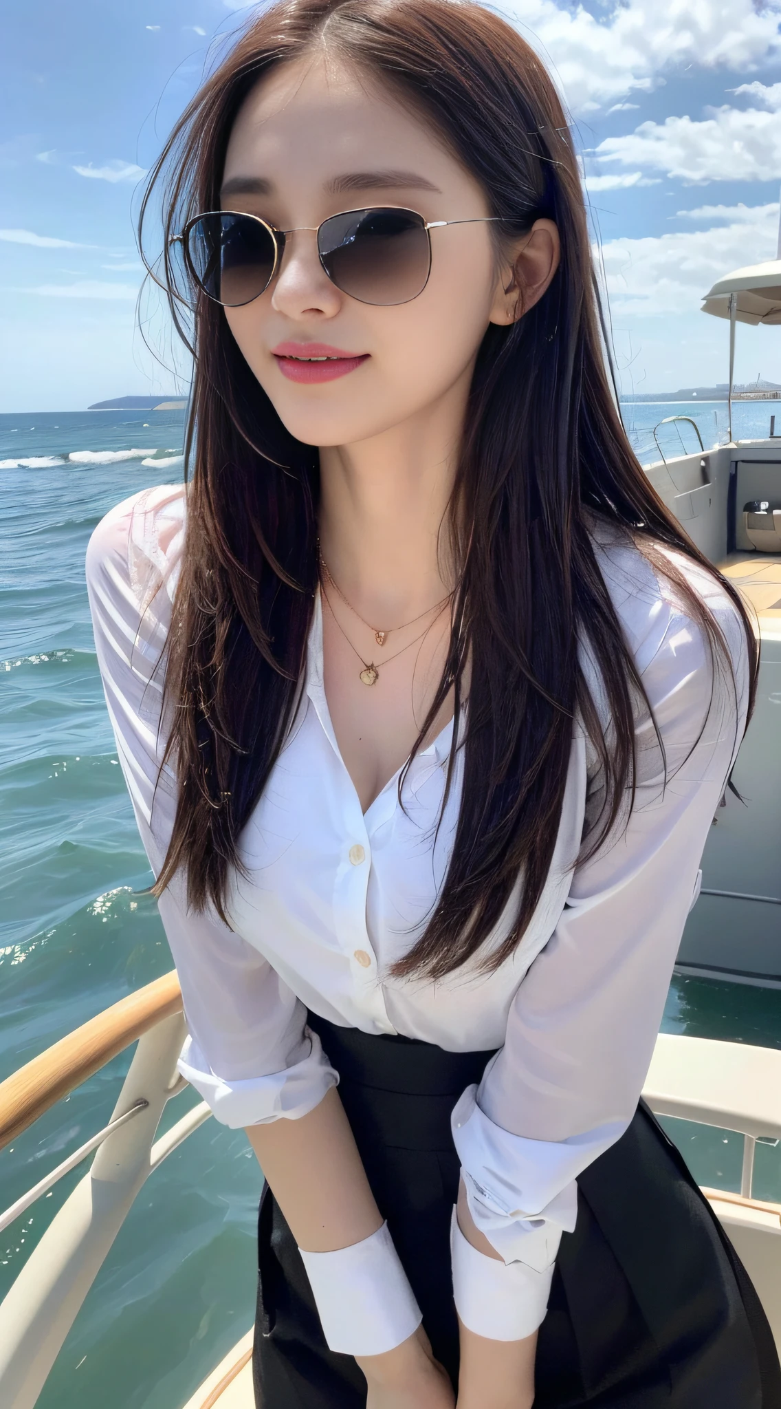 ((Best Quality, 8K, Masterpiece: 1.3, Realistic)), Sharp: 1.2, Perfect Body Beauty: 1.4, Slender Abs: 1.2, ((Layered brown hairstyle, Medium Breasts: 1.2)), (Wet White Button Long Shirt: 1.1, Long windy skirt: 1.6, Cute necklace: 1.1, Black sunglasses: 1.1), (Jeju island: 1.2, On boat: 1.1, Ocean background: 1.1), (Wet: 1.5, Windy: 1.6), Highly detailed face and skin texture, detailed eyes, double eyelids, seductive smile, side face looking at the camera, holding the camera
